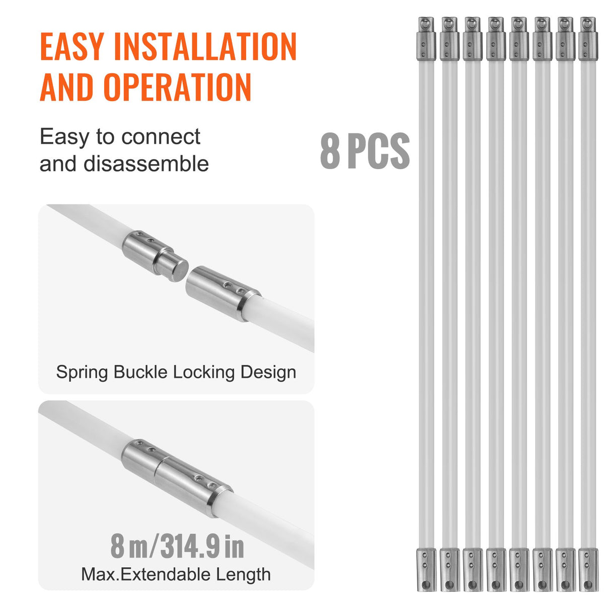 8M Chimney Sweep Kit with 8 Flexible Nylon Rods & Cleaning Brush