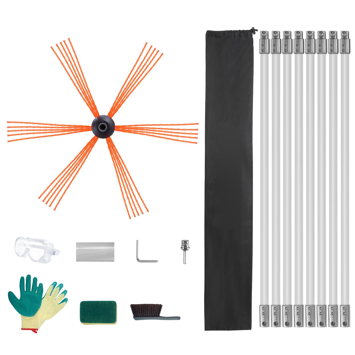 8M Chimney Sweep Kit with 8 Flexible Nylon Rods & Cleaning Brush
