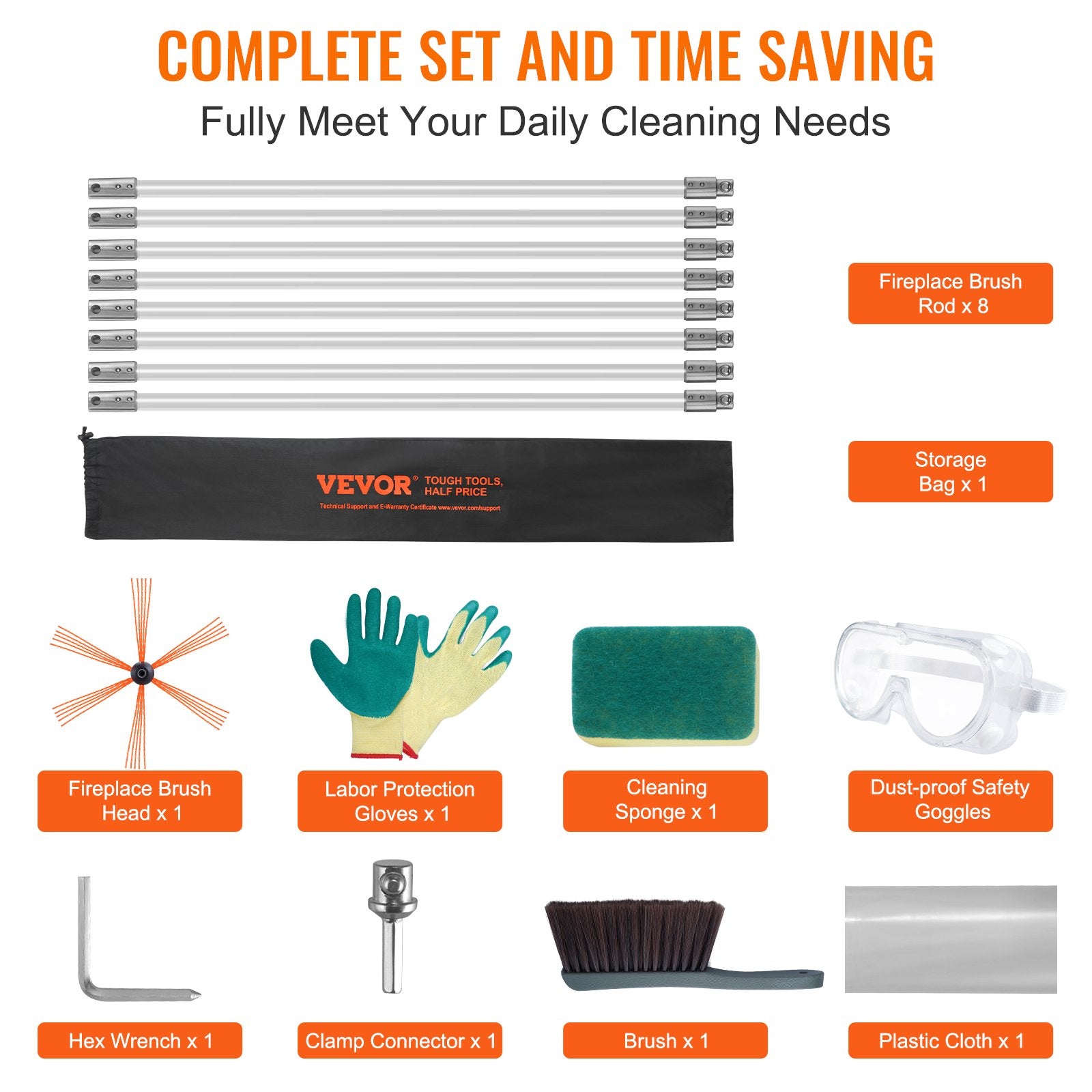 8 m Chimney Sweep Kit, w/ 8Reinforced Nylon Flexible Rods, Ergonomic Chimney Cleaning Brush, 360-Degree Brush Chimney Cleaner, Rich Accessories for Fireplace Flue Home Use Fits most Pipes