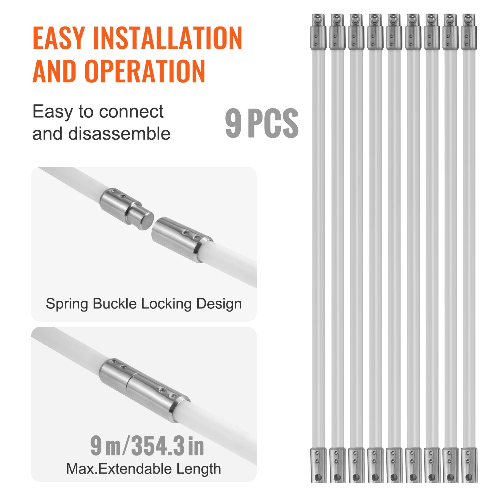 9 m Chimney Sweep Kit, w/ 9 Reinforced Nylon Flexible Rods, Ergonomic Chimney Cleaning Brush, 360-Degree Brush Chimney Cleaner, Rich Accessories for Fireplace Flue Home Use Fits most Pipes