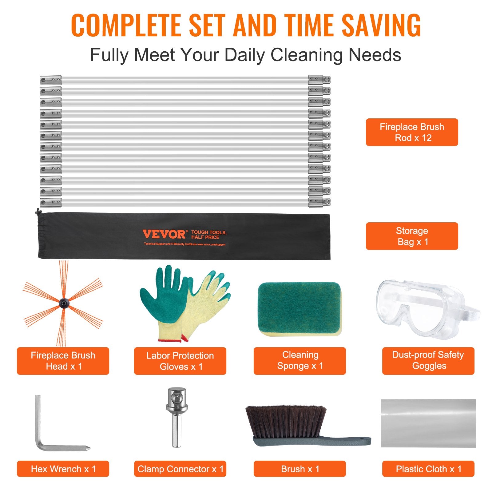 VEVOR 12 m Chimney Sweep Kit, w/ 12 Reinforced Nylon Flexible Rods, Ergonomic Chimney Cleaning Brush, 360-Degree Brush Chimney Cleaner, Rich Accessories for Fireplace Flue Home Use Fits most Pipes