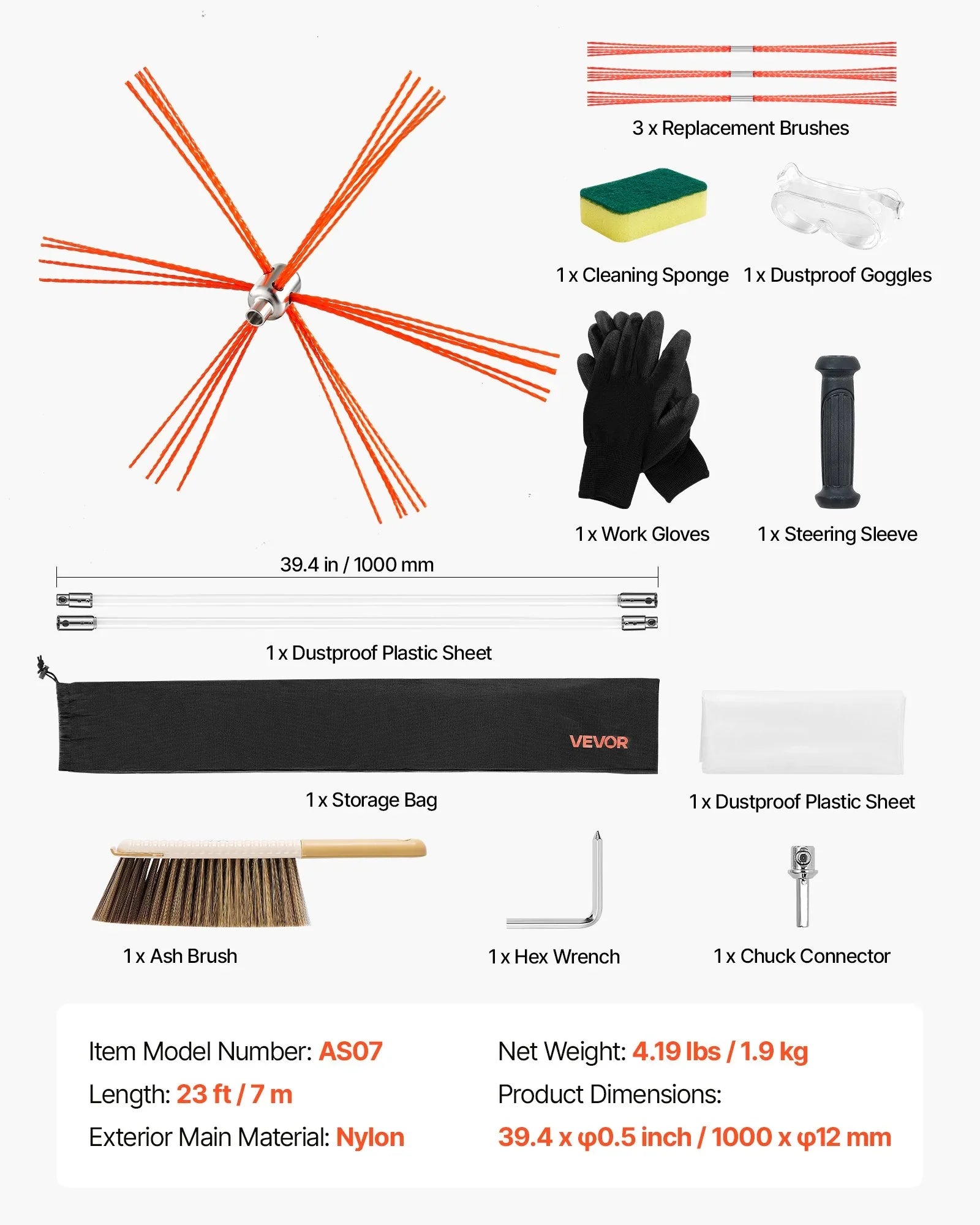 Chimney Sweep Kit, 7m Maximum Extendable Length Chimney Brush, Chimneys Cleaning Kit with Bristle Replacements & Goggles, 90° Bendable Fireplace Cleaning Tool, for Square, Rectangle Chimneys
