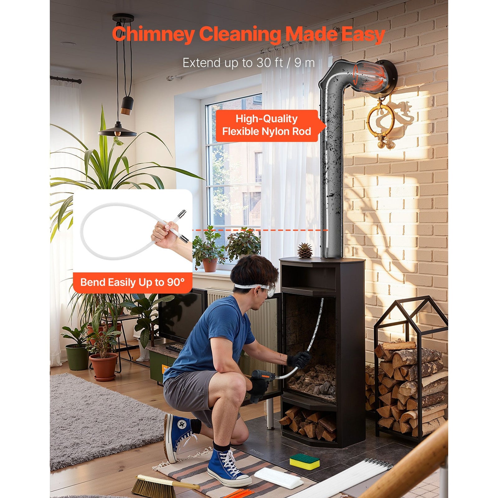30ft Chimney Sweep Kit Extendable Fireplace Brush with Flexible Rods