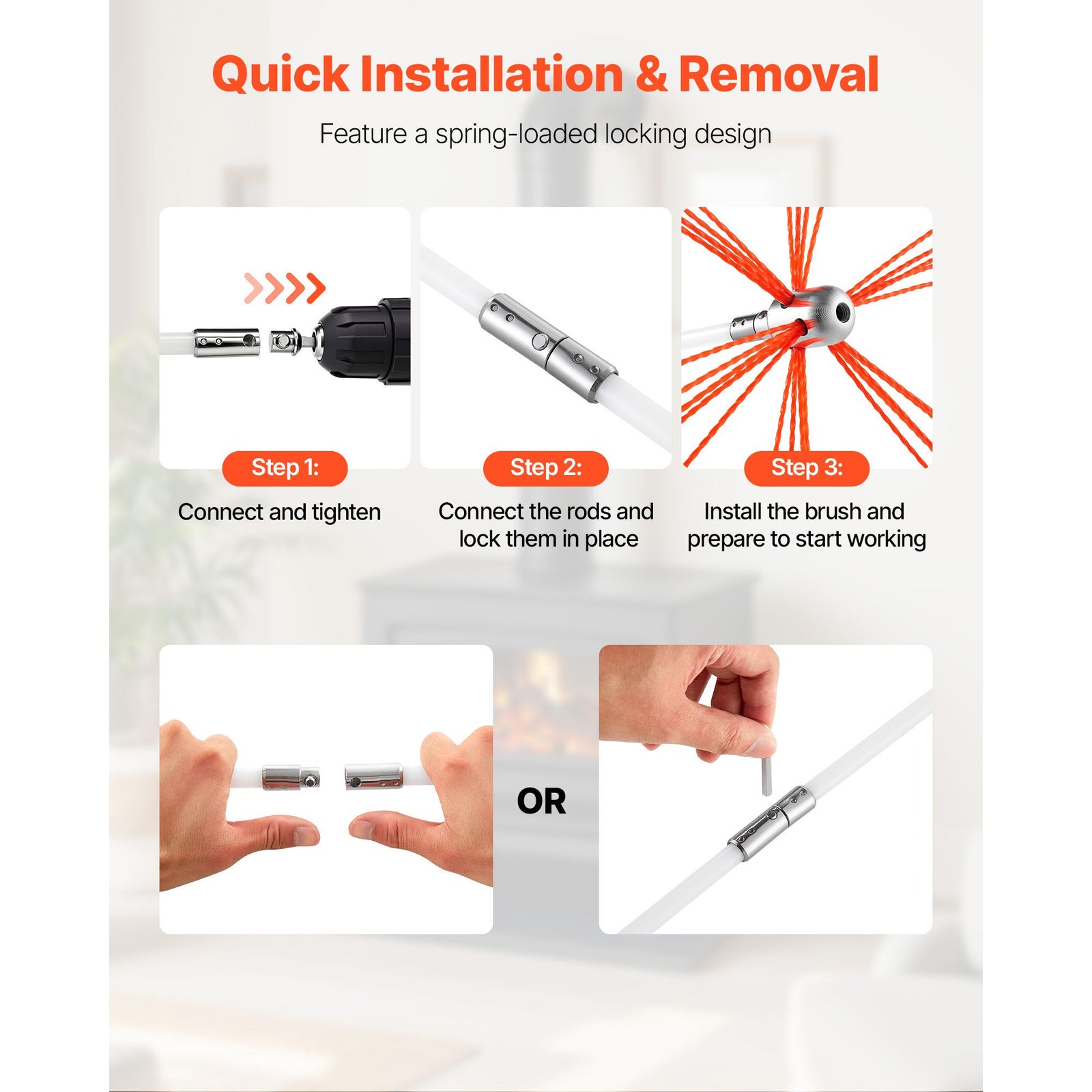 30ft Chimney Sweep Kit Extendable Fireplace Brush with Flexible Rods