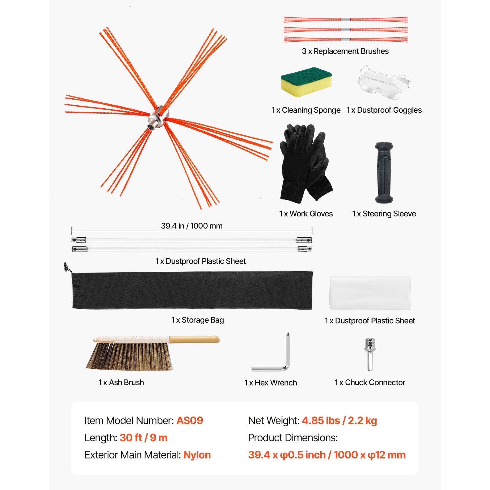 30ft Chimney Sweep Kit Extendable Fireplace Brush with Flexible Rods