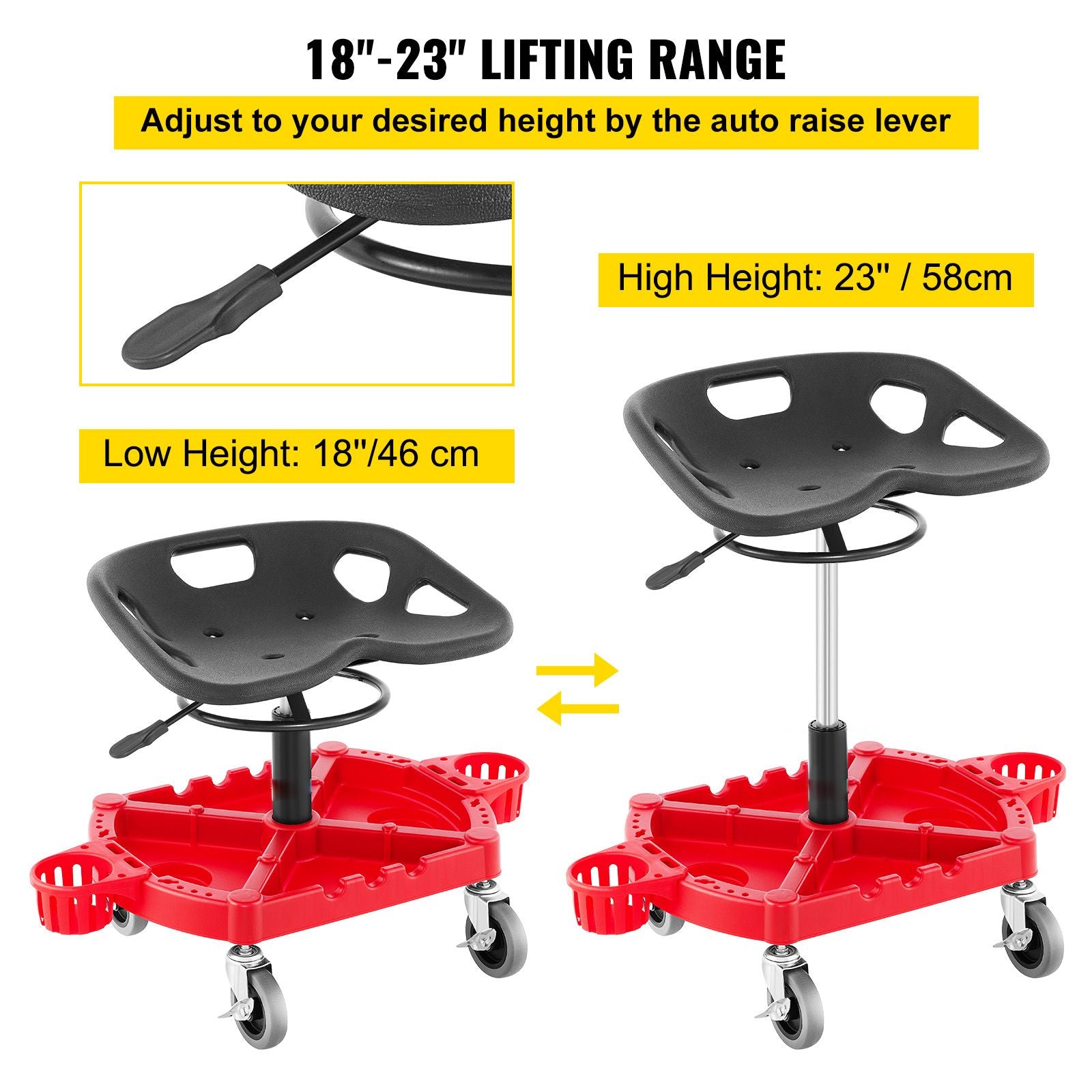 Rolling Garage Stool Adjustable Height 18-23 Inch 300lbs Tool Tray Red