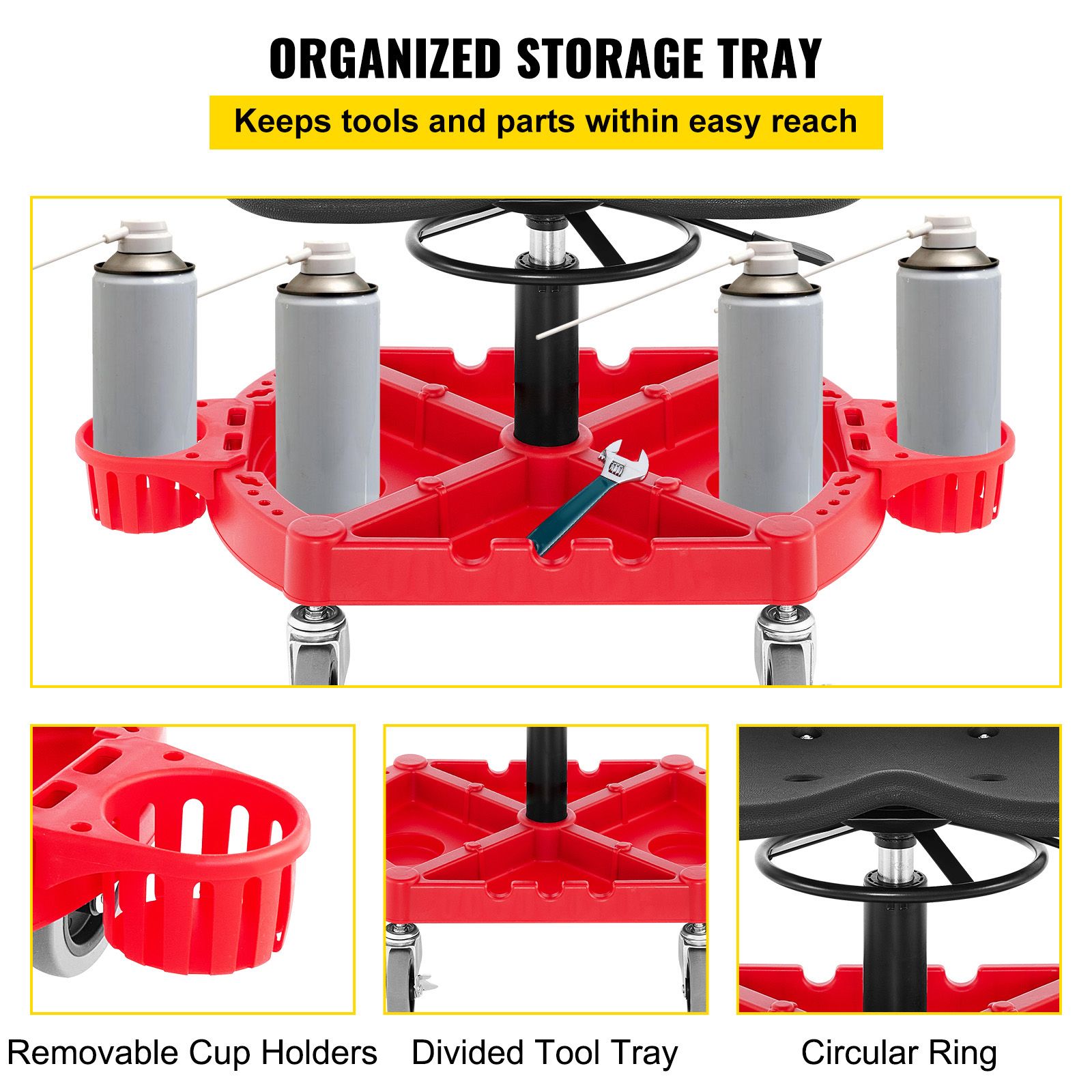Rolling Garage Stool Adjustable Height 18-23 Inch 300lbs Tool Tray Red