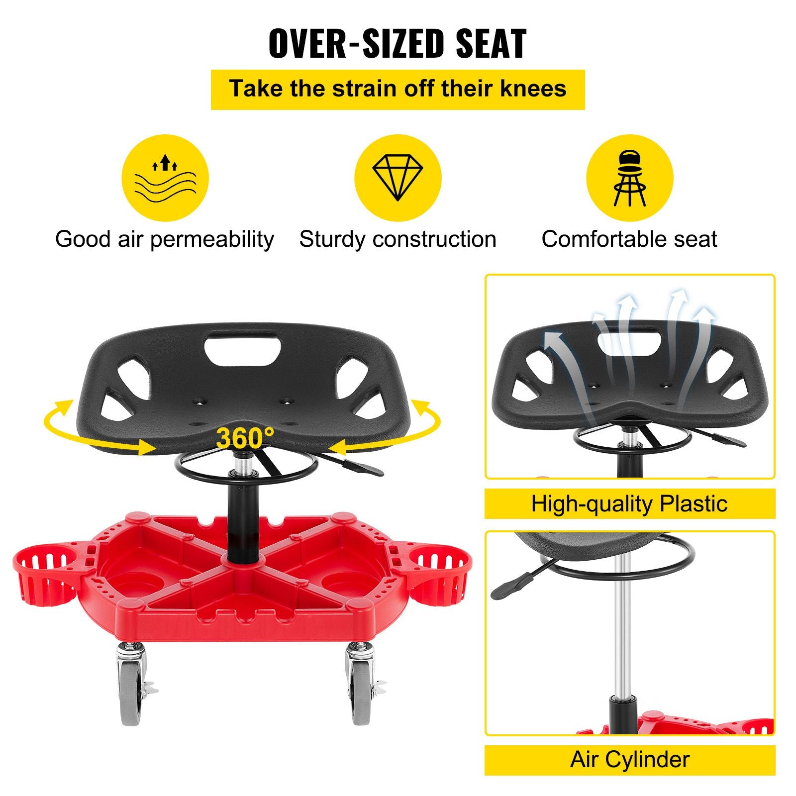 Rolling Garage Stool Adjustable Height 18-23 Inch 300lbs Tool Tray Red