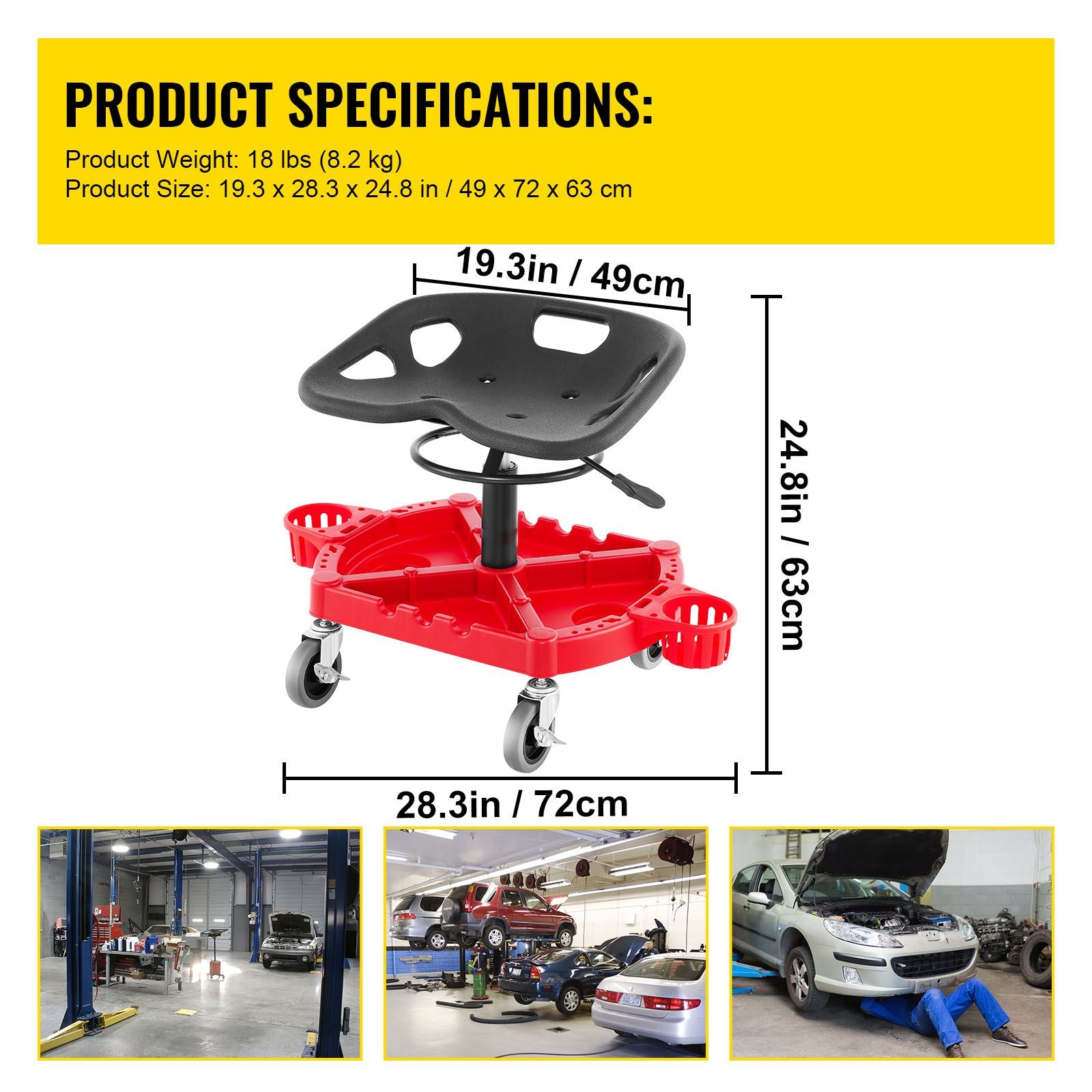 Rolling Garage Stool Adjustable Height 18-23 Inch 300lbs Tool Tray Red