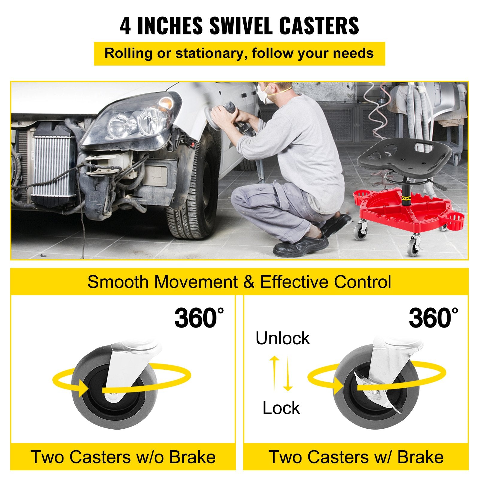 Rolling Garage Stool, 300LBS Capacity, Adjustable Height from 18 in to 23 in, 360-degree Swivel Wheels (4\