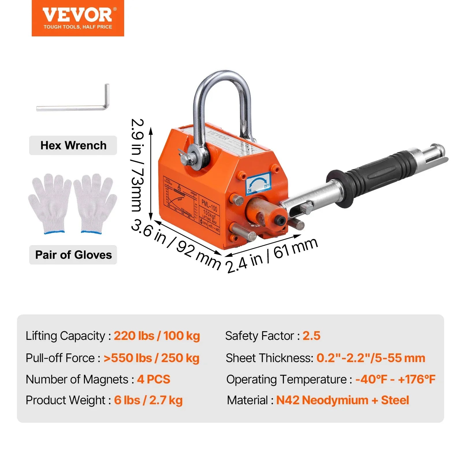 Magnetic Lifter, 100 kg/220 lbs Pulling Capacity, 2.5 Safety Factor, Neodymium & Steel, Lifting Magnet with Release, Permanent Lift Magnets, Heavy Duty Magnet for Hoist, Shop Crane, Block, Board