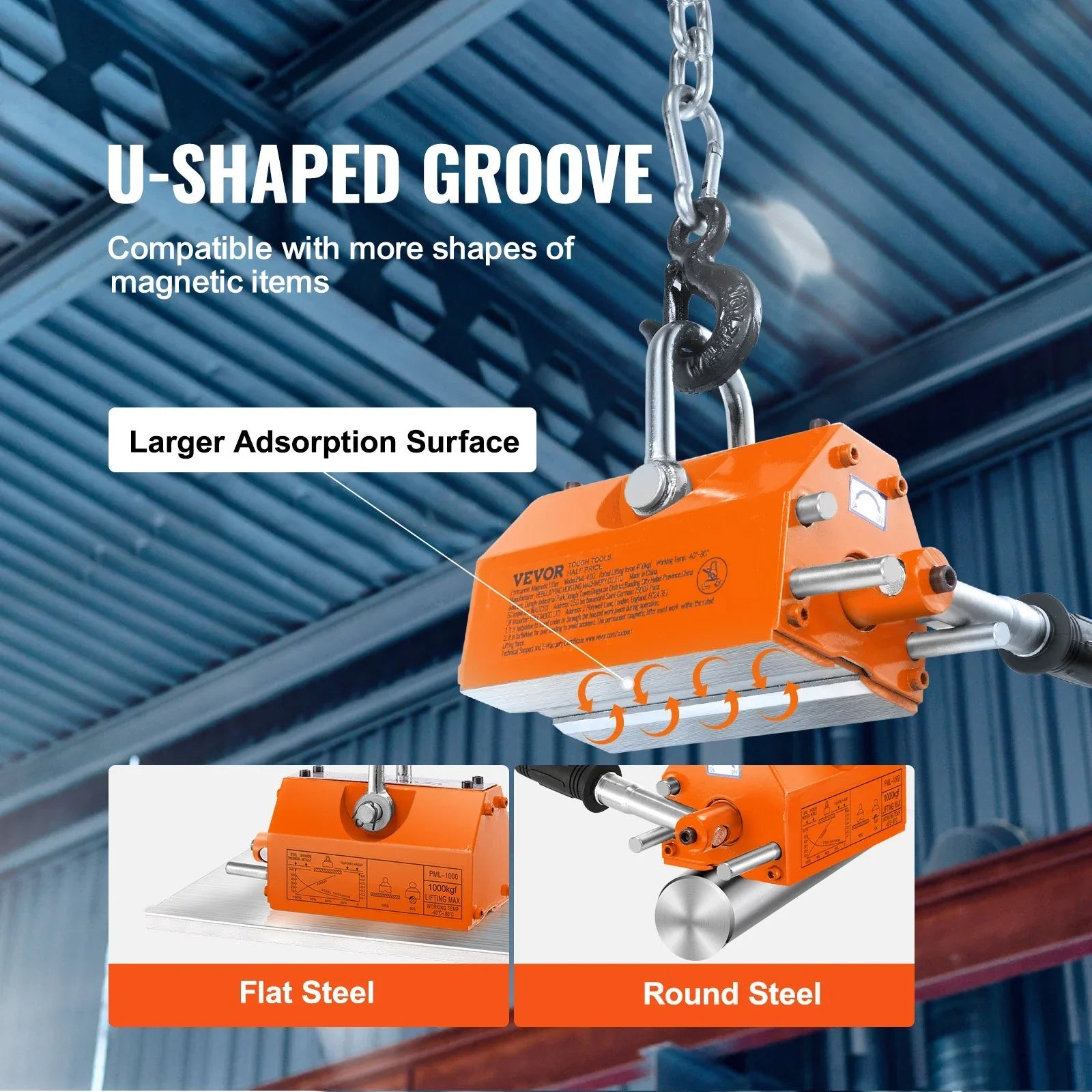 Magnetic Lifter, 1000kg Pulling Capacity, 2.5 Safety Factor, Neodymium & Steel, Lifting Magnet with Release, Permanent Lift Magnets, Heavy Duty Magnet for Hoist, Shop Crane, Block, Board