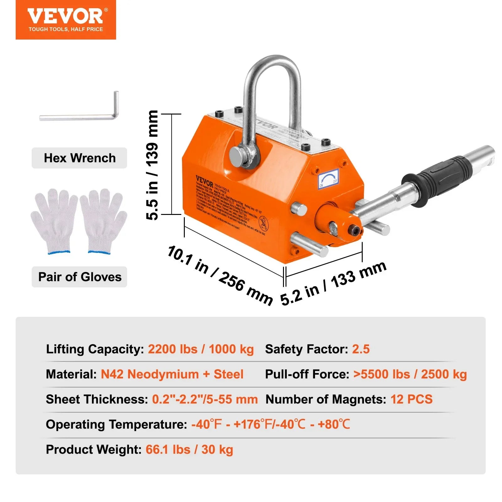 Magnetic Lifter, 1000kg Pulling Capacity, 2.5 Safety Factor, Neodymium & Steel, Lifting Magnet with Release, Permanent Lift Magnets, Heavy Duty Magnet for Hoist, Shop Crane, Block, Board