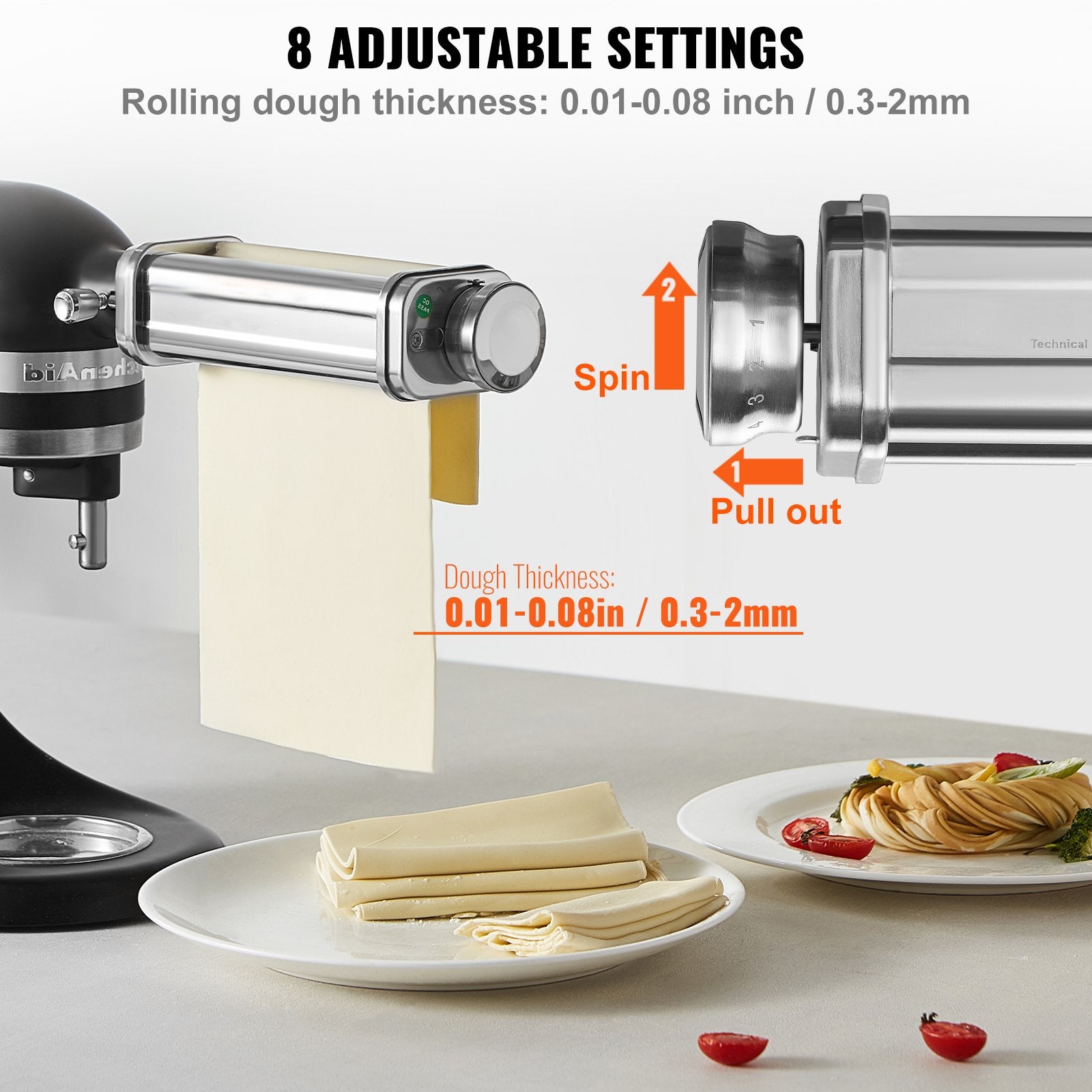 Pasta Attachment for KitchenAid Stand Mixer, Stainless Steel Pasta Sheet Roller Attachment, Pasta Maker Machine Accessory with 8 Adjustable Thickness Knob, KitchenAid Pasta Attachment