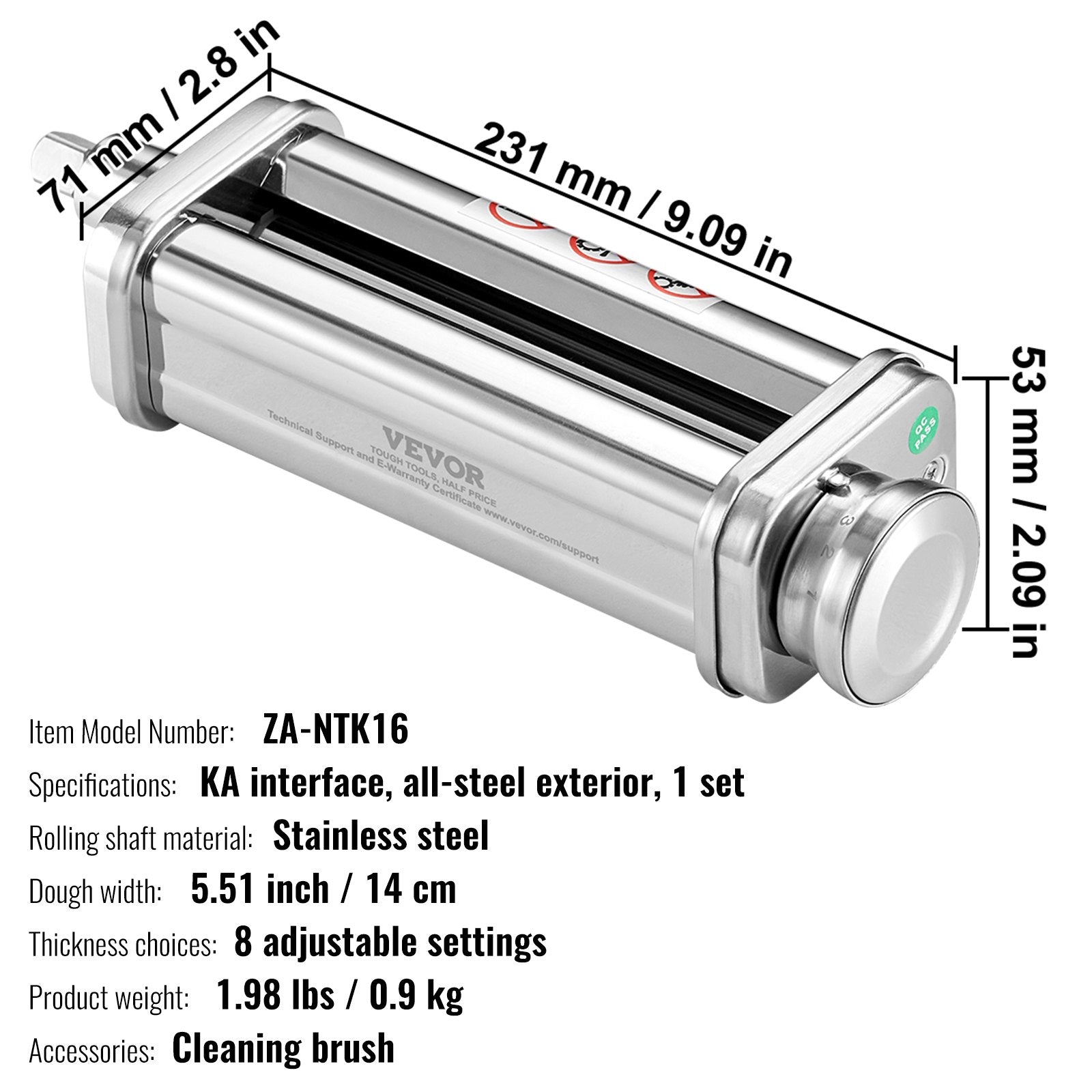 Pasta Attachment for KitchenAid Stand Mixer, Stainless Steel Pasta Sheet Roller Attachment, Pasta Maker Machine Accessory with 8 Adjustable Thickness Knob, KitchenAid Pasta Attachment