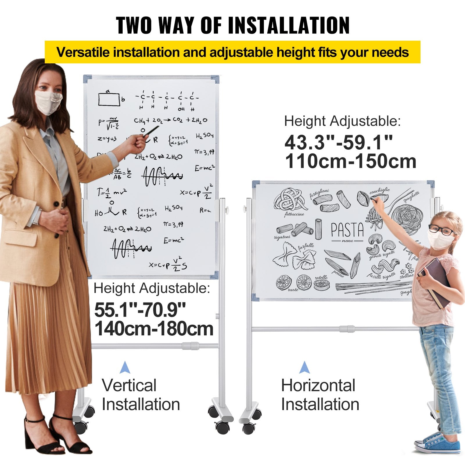 VEVOR Mobile Dry Erase Board Magnetic Whiteboard w/ Stand 60 x 90cm Double Sided