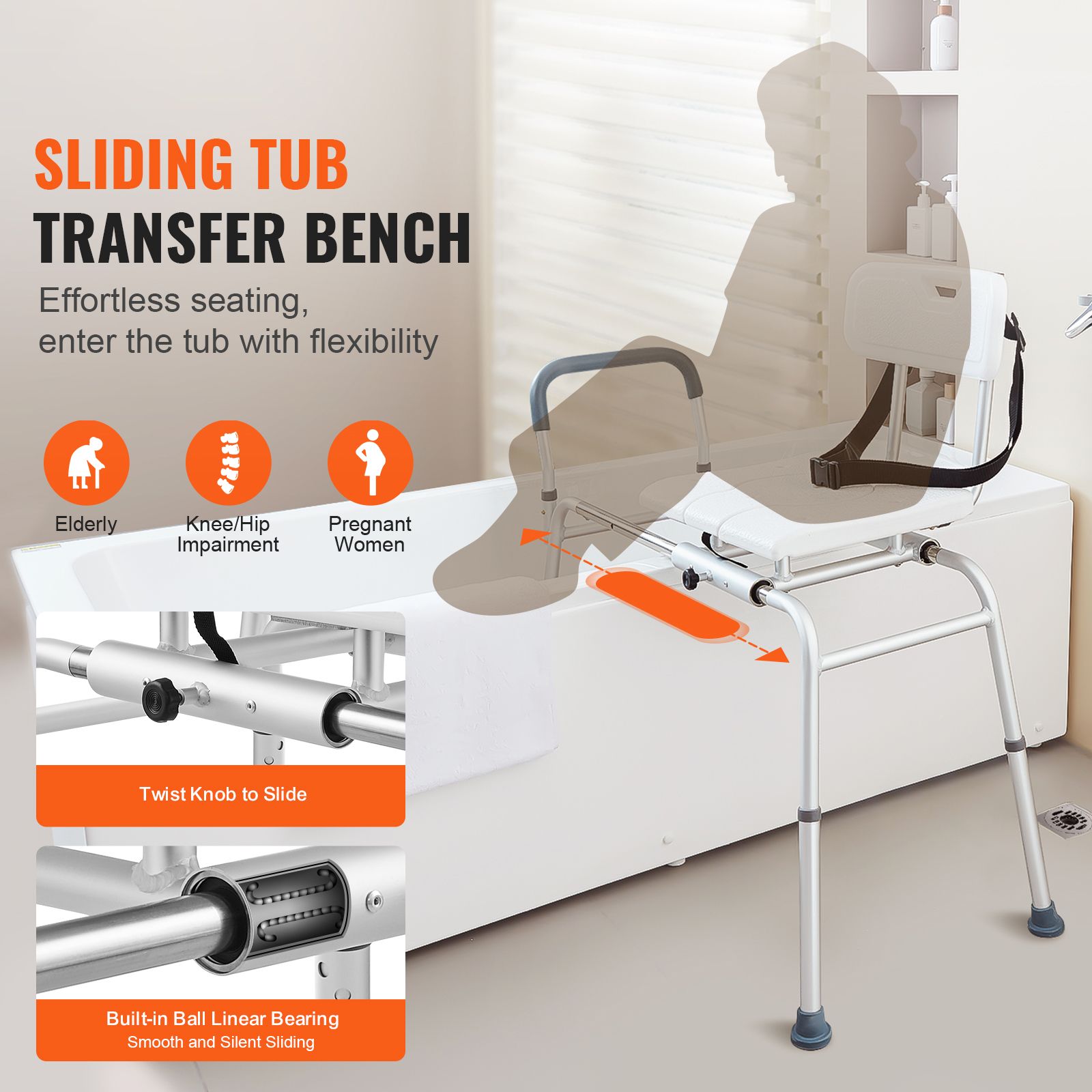 Sliding Tub Transfer Bench Shower Chair & Cut-Out Seat Reversible Backrest