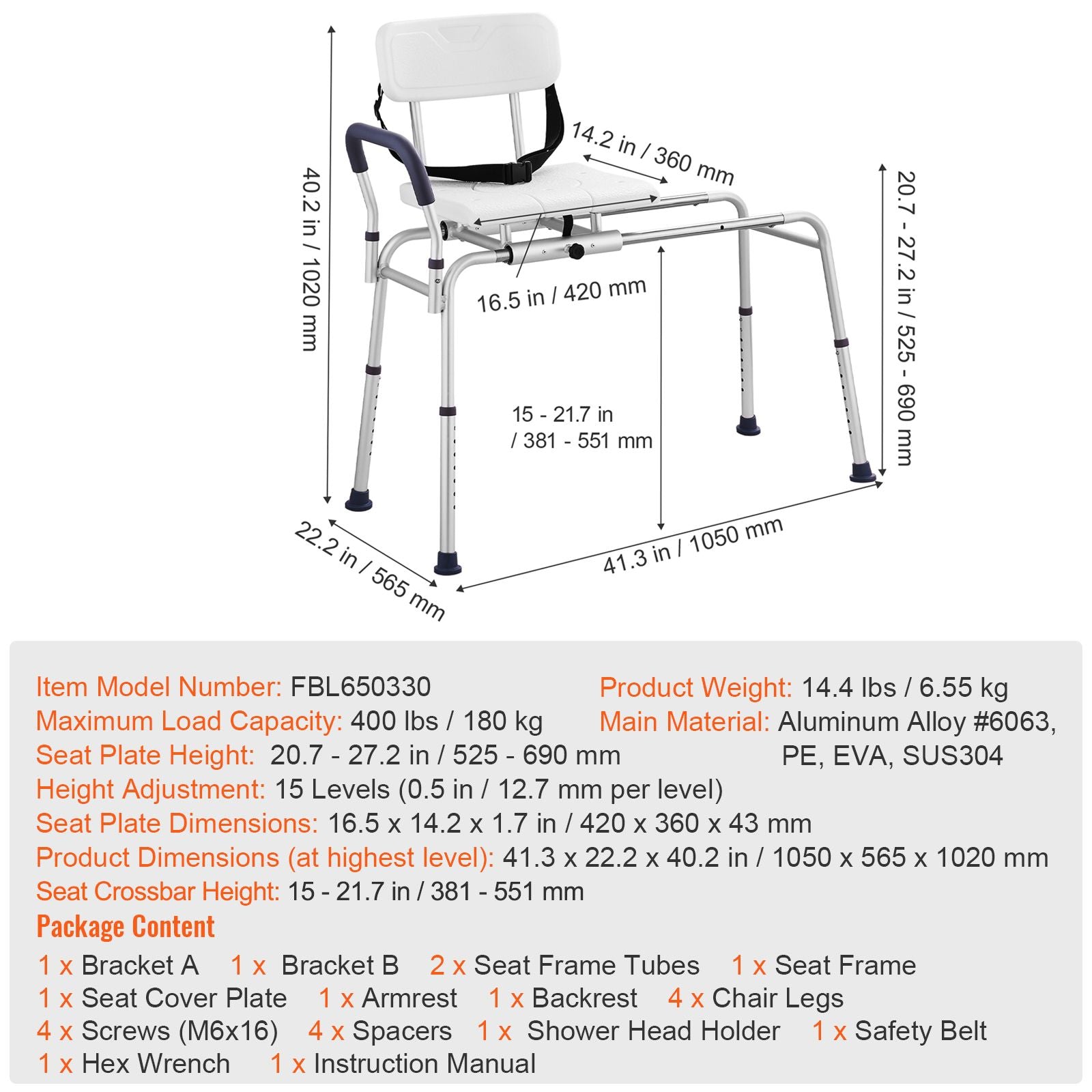 Sliding Tub Transfer Bench Shower Chair & Cut-Out Seat Reversible Backrest