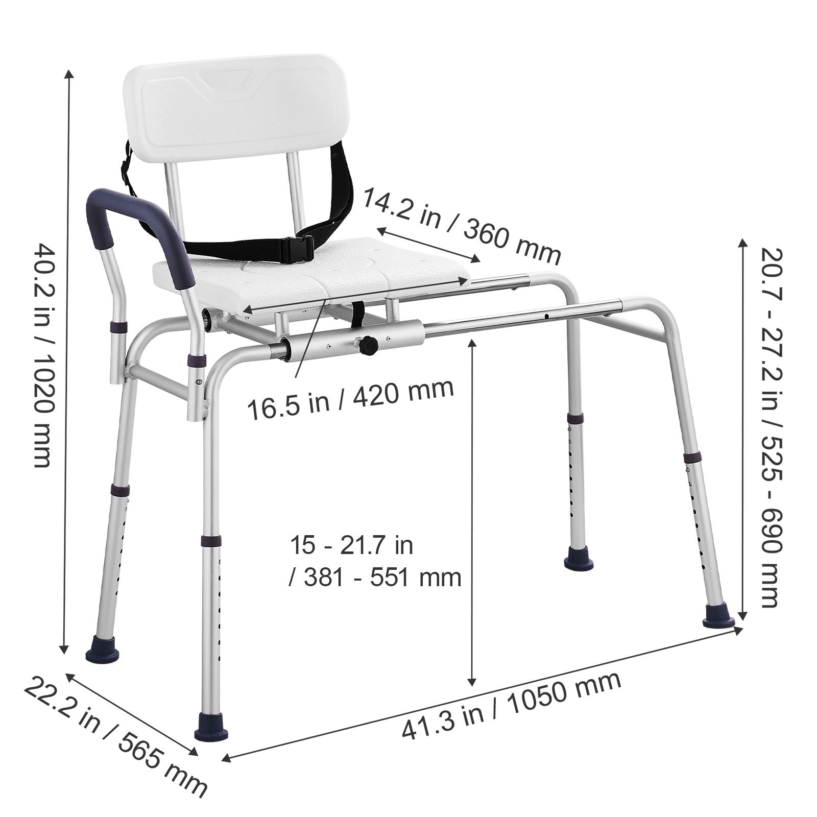 Sliding Tub Transfer Bench Shower Chair & Cut-Out Seat Reversible Backrest