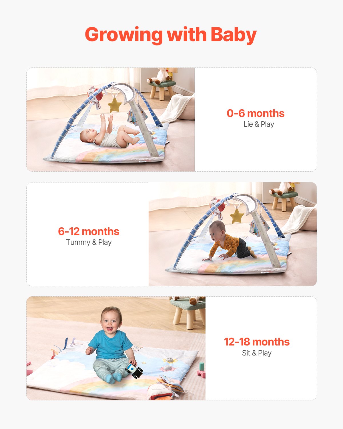 Ba Play Gym Mat, Tummy Time Mat with 6 Sensory Toys, Ba Activity Mat with Light-up Musical Rocket Toy for 0-18 Month Newborn Infant, Ba Essential Gift for Sensory & Motor Skill Development