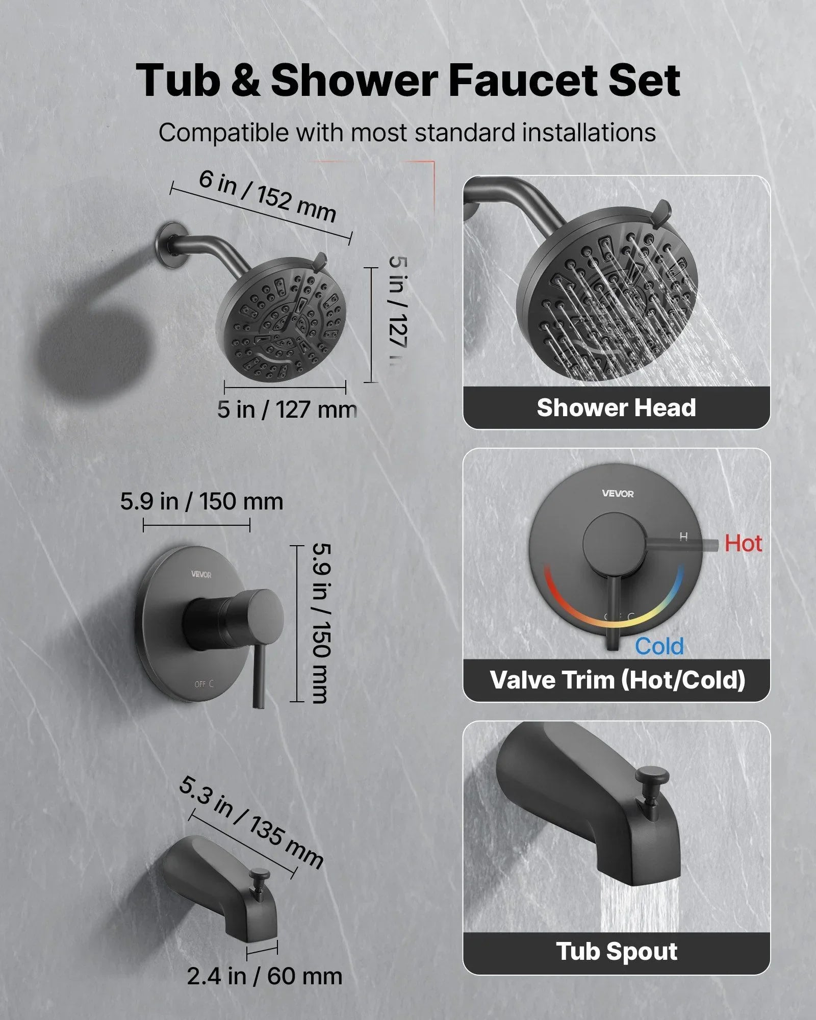 Tub and Shower Faucet Set, Complete with 127 mm Rainfall Shower Head and Bathtub Spout, 8-Setting Adjustable Spray, Single-Handle Tub Trim Kit with Brass Pressure Balancing Valve, Matte Black