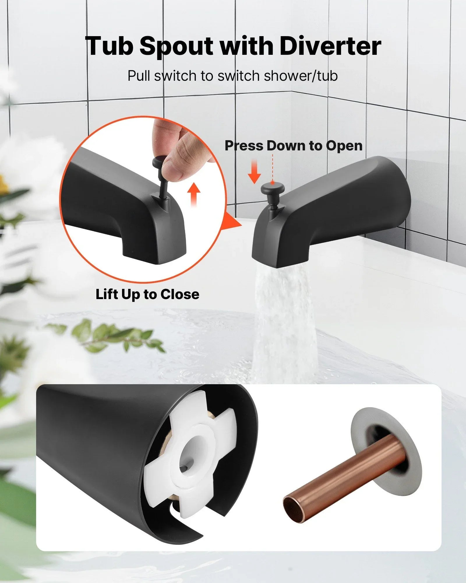 Tub and Shower Faucet Set, Complete with 127 mm Rainfall Shower Head and Bathtub Spout, 8-Setting Adjustable Spray, Single-Handle Tub Trim Kit with Brass Pressure Balancing Valve, Matte Black