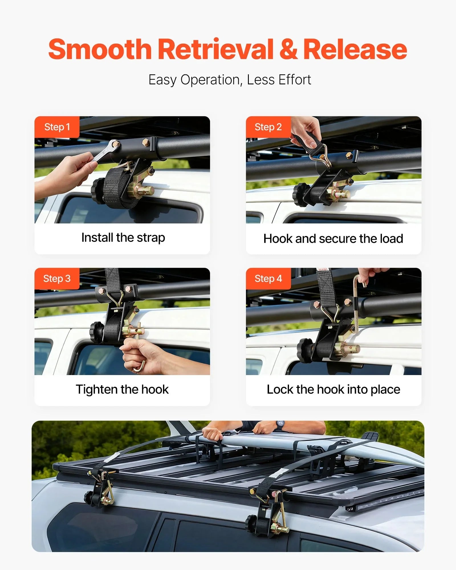 Ladder Rack Ratchet Straps, 47.6-50.8 mm Black Round Tube Mount, 38 mm Wide x 2.25 m Long Black Ladder Rack Straps with Double J-Hooks, 226.8 kg Load Heavy Duty, Cargo Buckle Lock Strap (4 Pack)