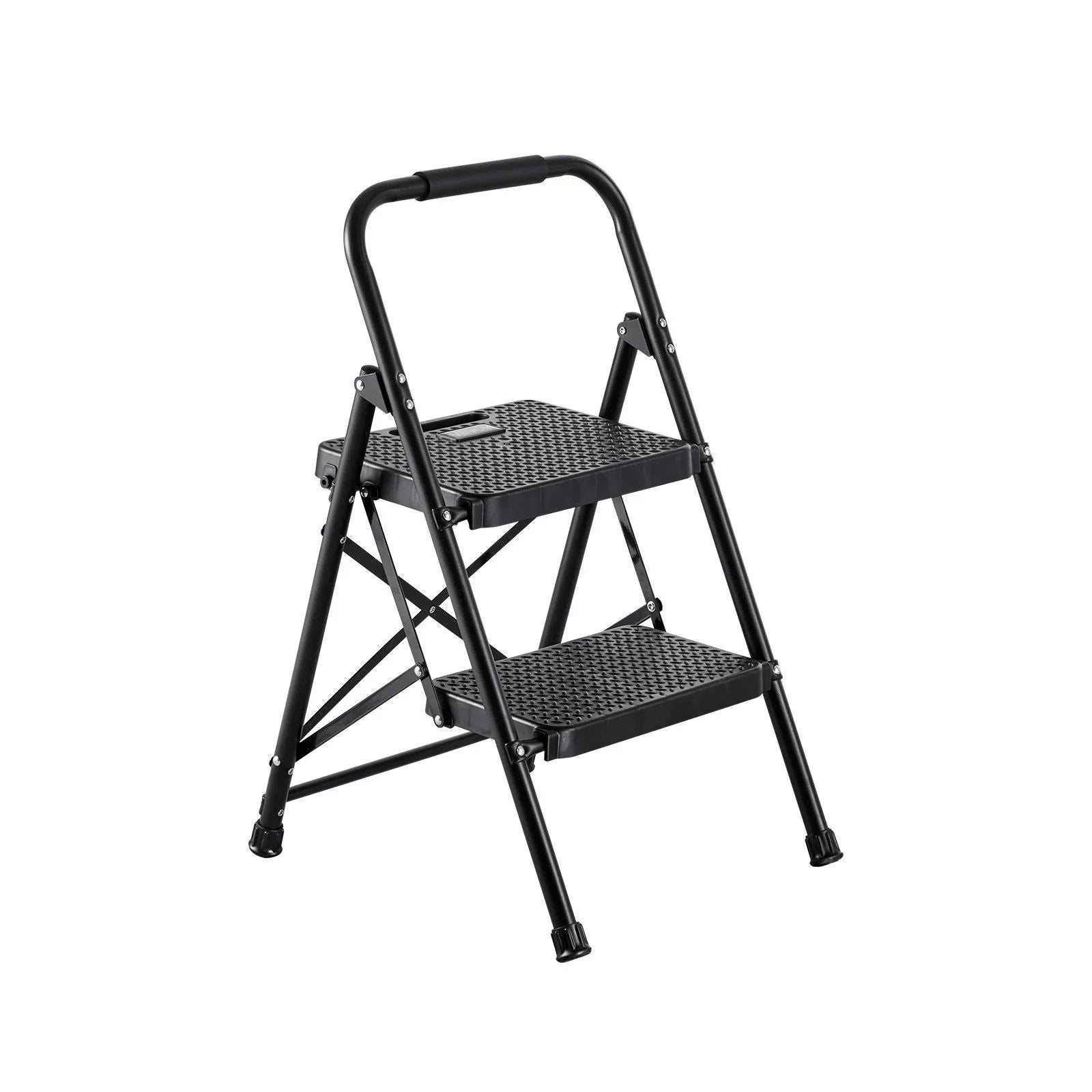 2 Step Ladder, Folding Step Stool with Wide Anti-Slip Pedal and Comfort Handgrip, Lightweight 272 kg Capacity Portable Steel Ladder, Multi-Use for Kitchen, Home, Household and Office, Black
