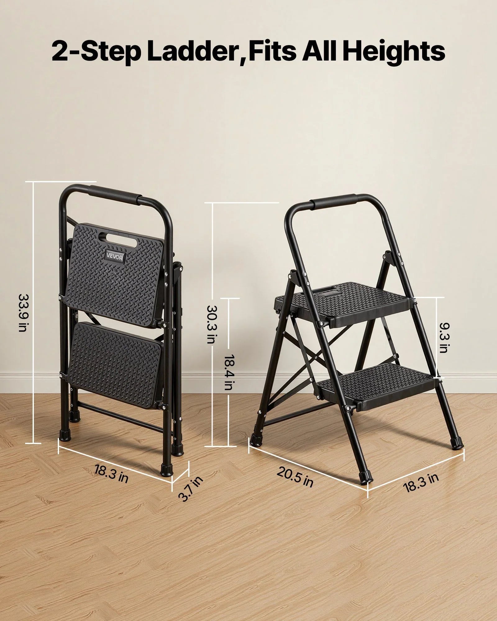 2 Step Ladder, Folding Step Stool with Wide Anti-Slip Pedal and Comfort Handgrip, Lightweight 272 kg Capacity Portable Steel Ladder, Multi-Use for Kitchen, Home, Household and Office, Black