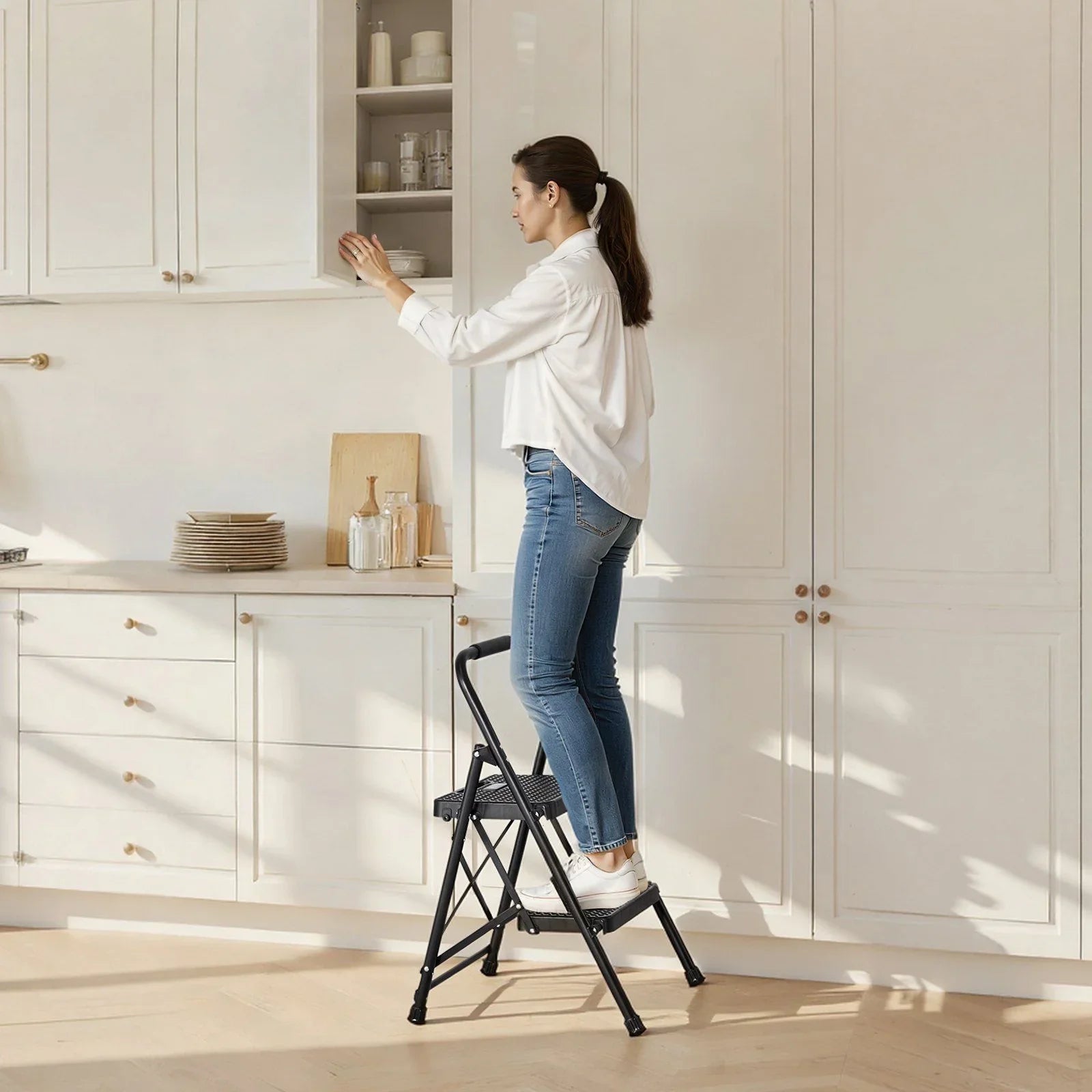2 Step Ladder, Folding Step Stool with Wide Anti-Slip Pedal and Comfort Handgrip, Lightweight 272 kg Capacity Portable Steel Ladder, Multi-Use for Kitchen, Home, Household and Office, Black