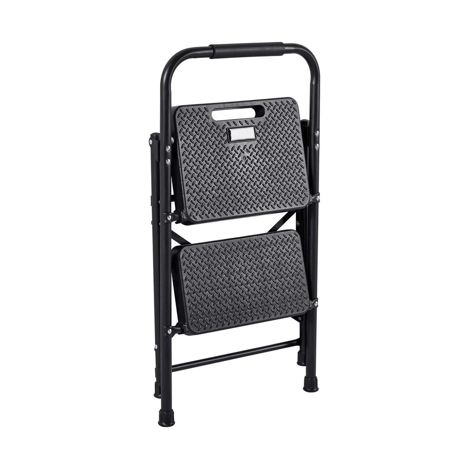 2 Step Ladder, Folding Step Stool with Wide Anti-Slip Pedal and Comfort Handgrip, Lightweight 272 kg Capacity Portable Steel Ladder, Multi-Use for Kitchen, Home, Household and Office, Black
