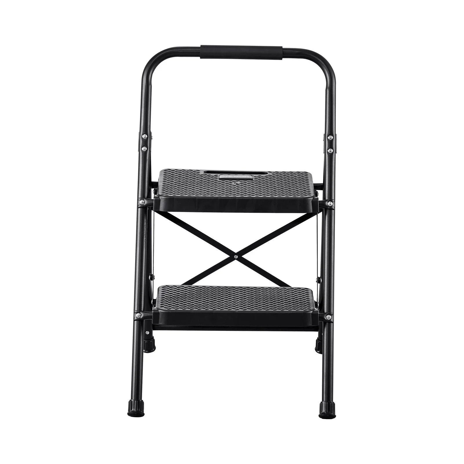 2 Step Ladder, Folding Step Stool with Wide Anti-Slip Pedal and Comfort Handgrip, Lightweight 272 kg Capacity Portable Steel Ladder, Multi-Use for Kitchen, Home, Household and Office, Black