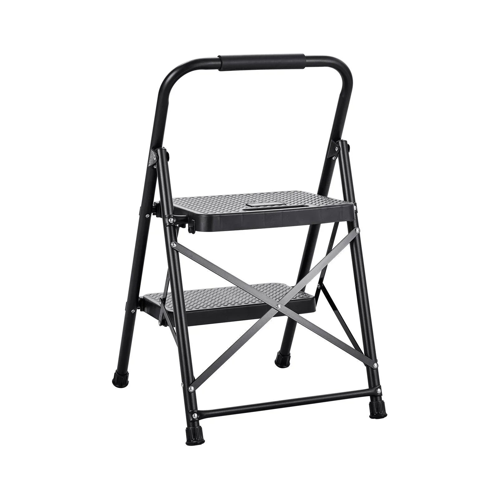 2 Step Ladder, Folding Step Stool with Wide Anti-Slip Pedal and Comfort Handgrip, Lightweight 272 kg Capacity Portable Steel Ladder, Multi-Use for Kitchen, Home, Household and Office, Black
