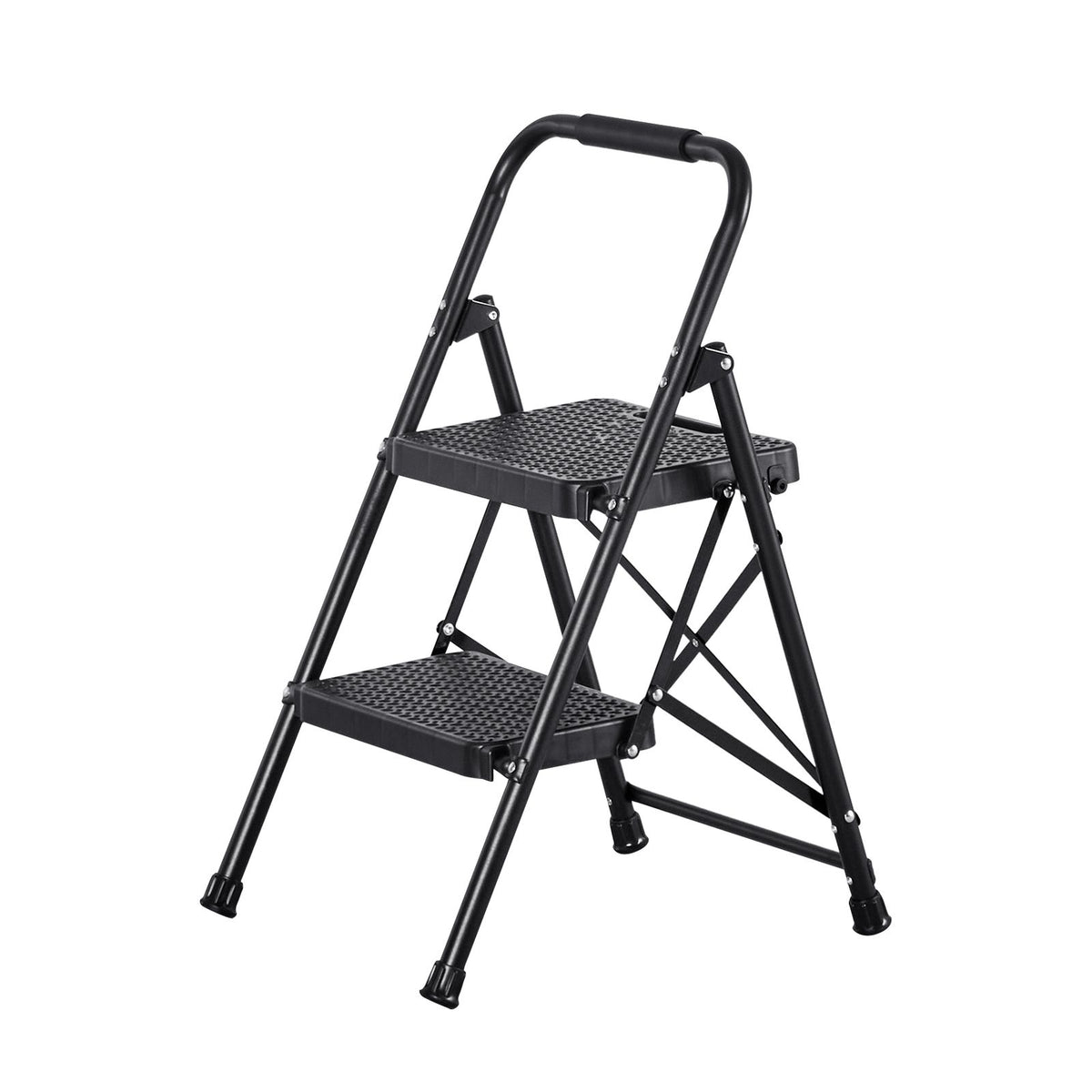 2 Step Folding Ladder 272kg Steel Step Stool with Handrail Anti-Slip Black
