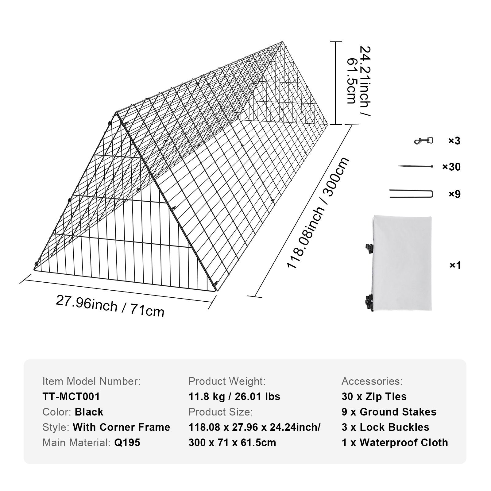 Chicken Tunnels, 300 x 71 x 61.5cm (LxWxH) Chicken Tunnels for Yard, Portable Chicken Tunnels for Outside Easy Installation, Chicken Coop Run, Suitable for Chickens, Ducks, Rabbits