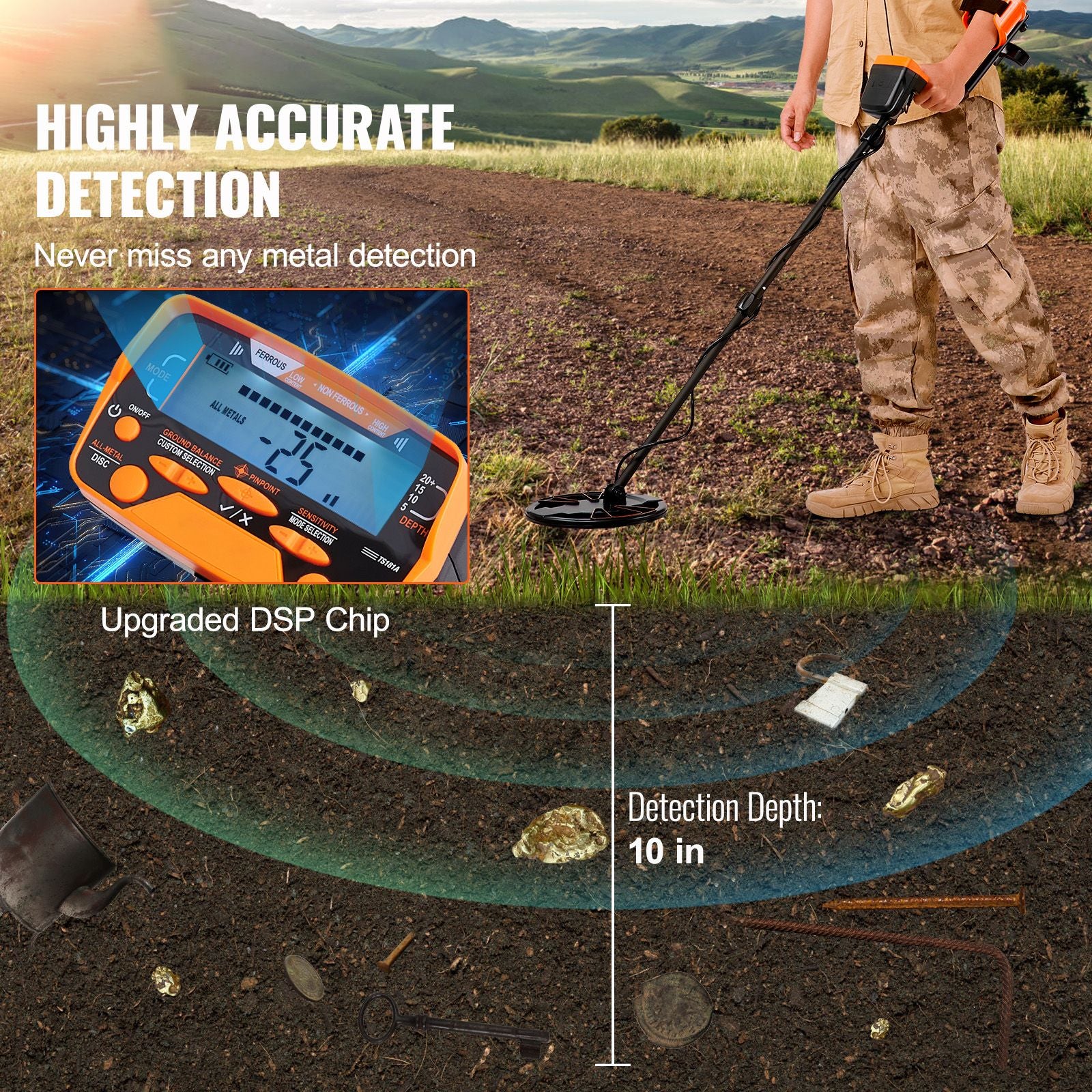 Metal Detector for Adults&Kids, 250mm, Professional Adjustable Higher Accuracy Gold Detector, IP68 Waterproof Coil with LCD Display 7 Modes Advanced DSP Chip, for Detecting Gold Treasure Hunting