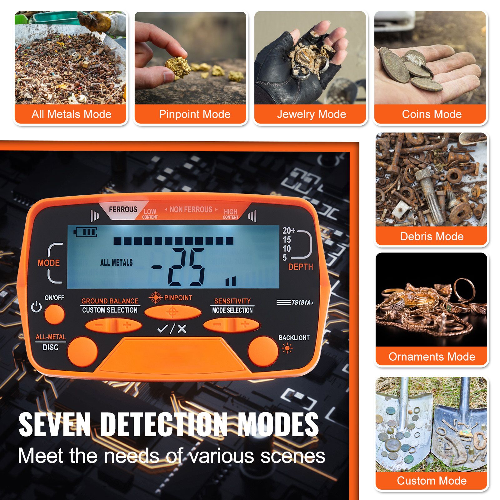 Metal Detector for Adults&Kids, 250mm, Professional Adjustable Higher Accuracy Gold Detector, IP68 Waterproof Coil with LCD Display 7 Modes Advanced DSP Chip, for Detecting Gold Treasure Hunting