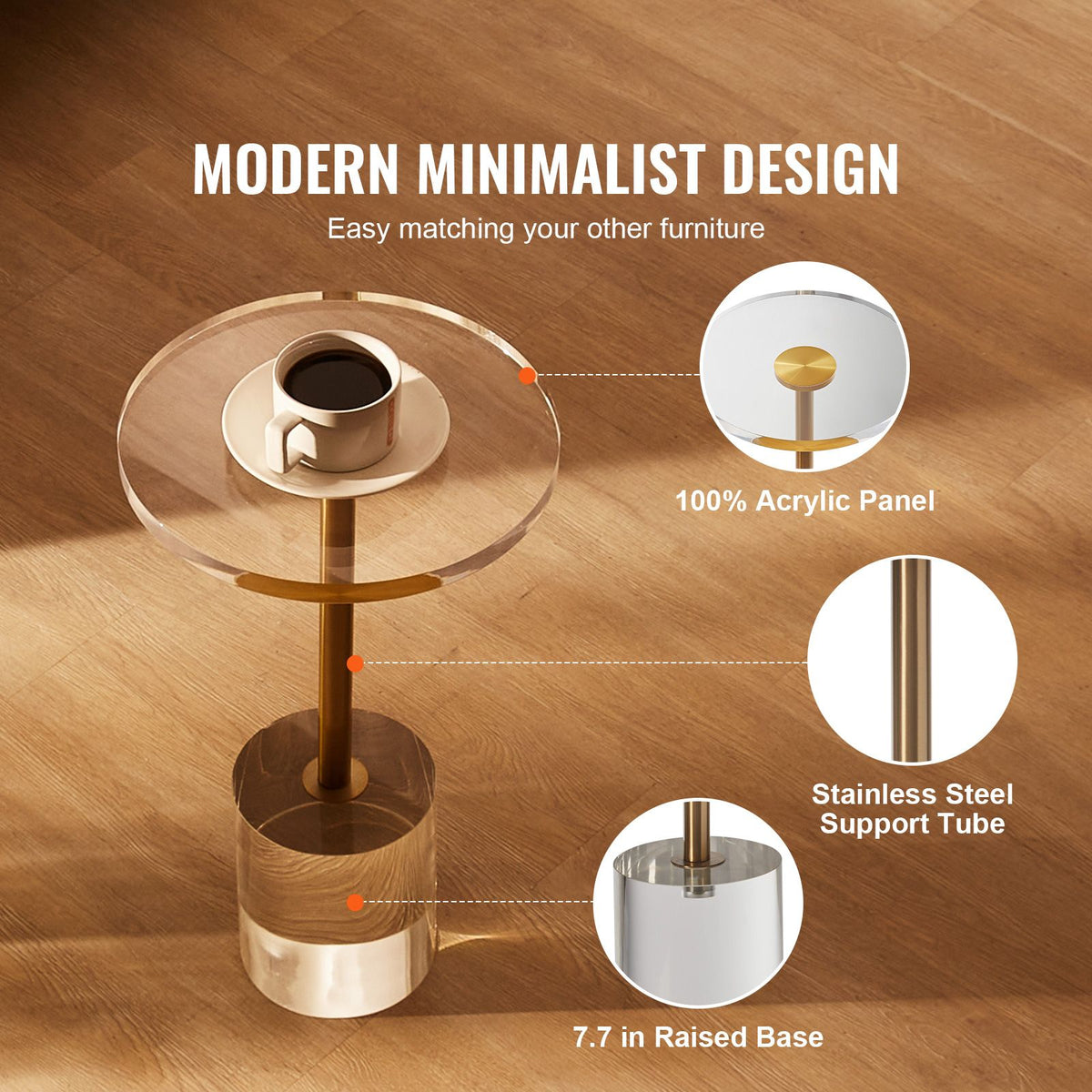 Clear Acrylic Side Table Round End Table 21.4in Modern Living Room Decor
