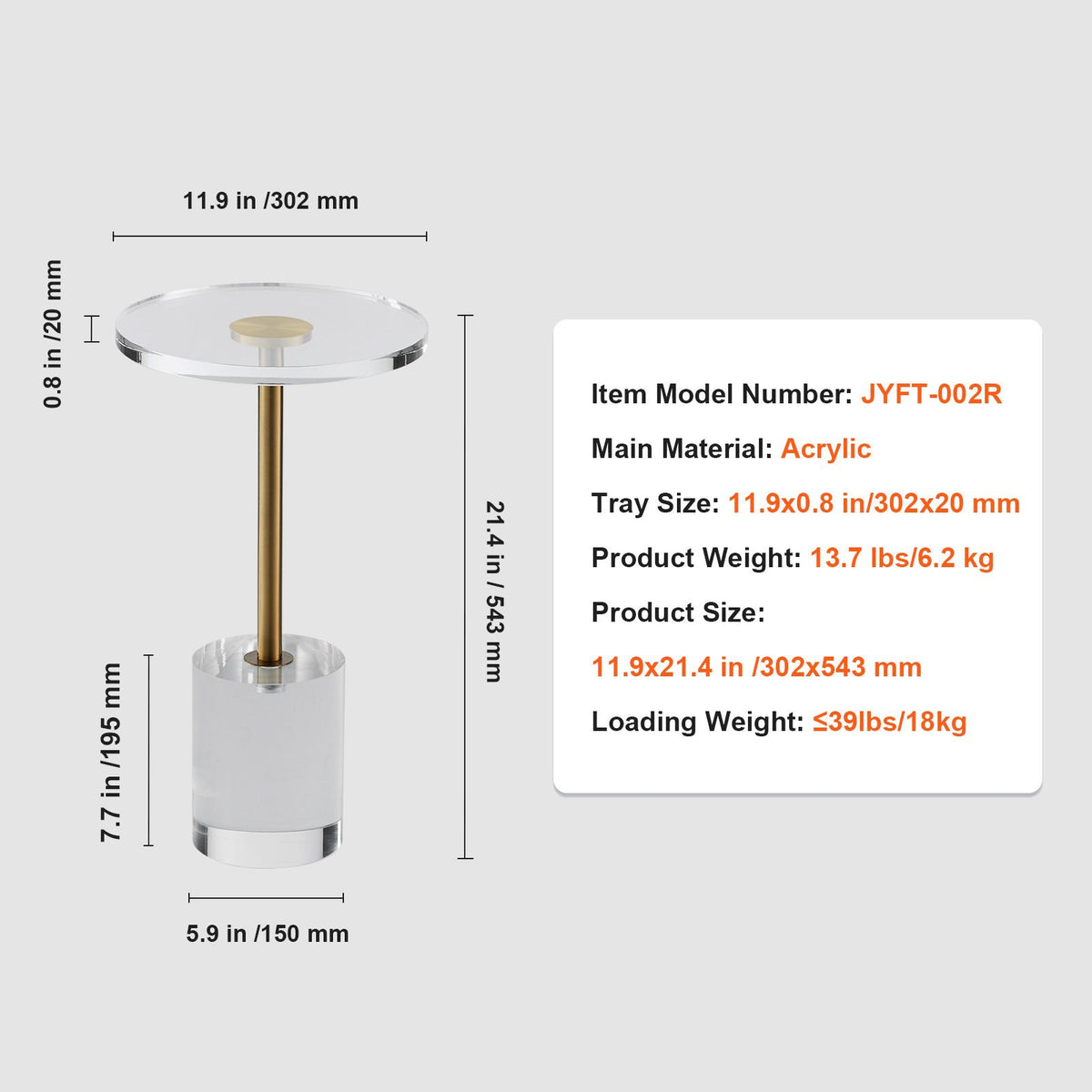 Clear Acrylic Side Table Round End Table 21.4in Modern Living Room Decor