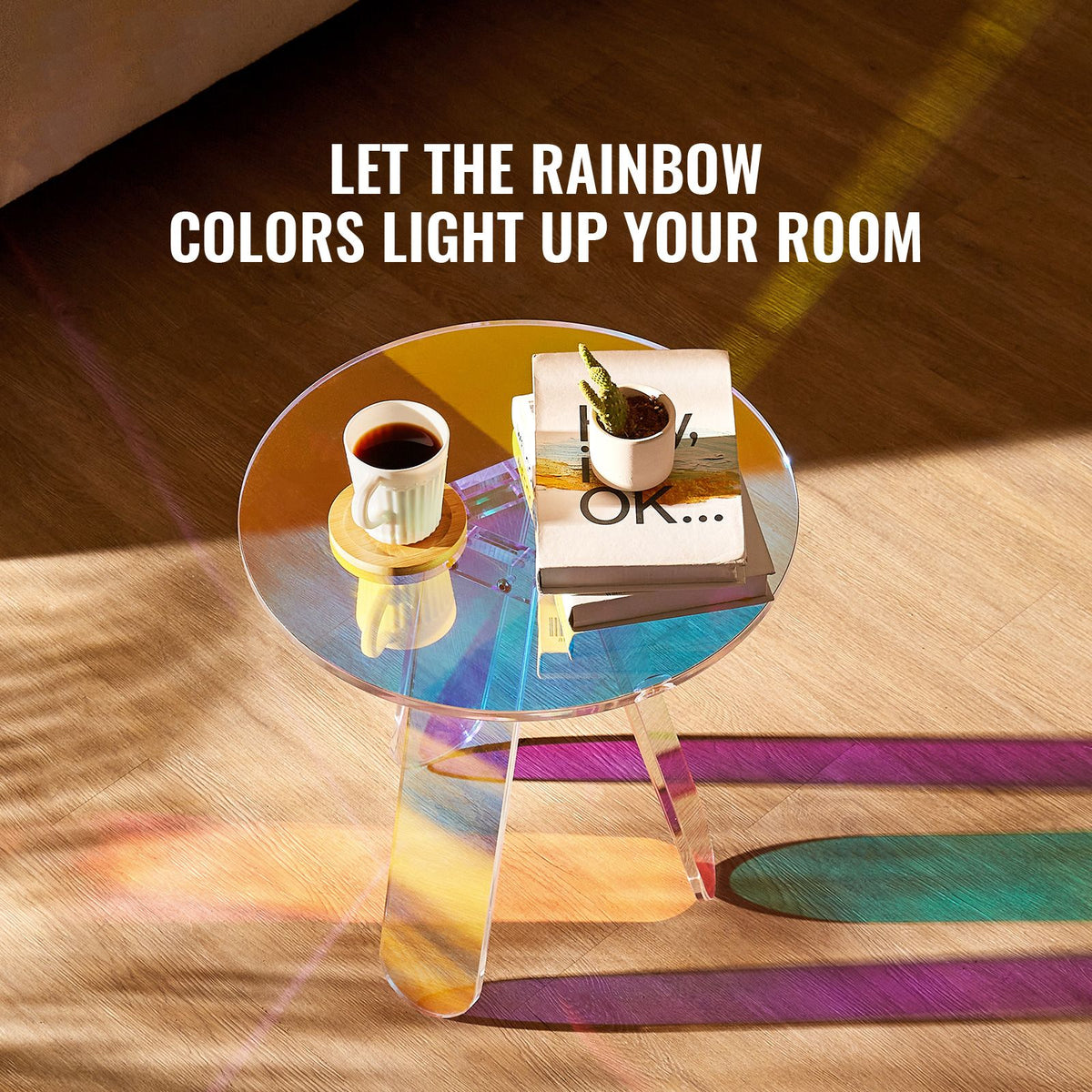 Round Iridescent Acrylic Side Table Clear Rainbow End Table 17.7 Inch