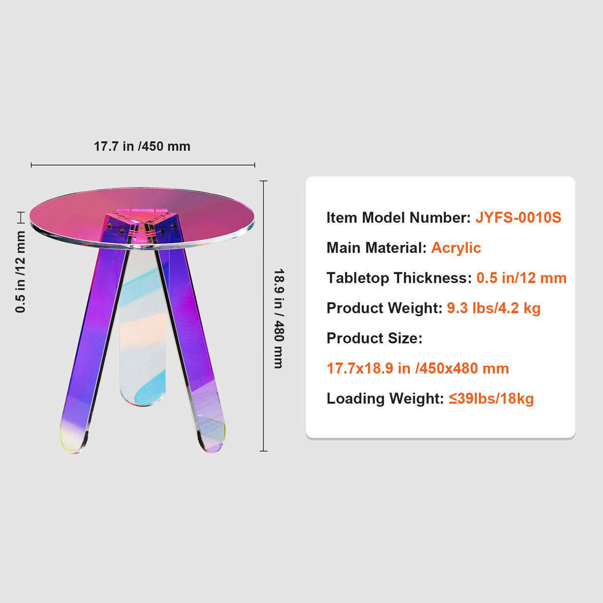 Round Iridescent Acrylic Side Table Clear Rainbow End Table 17.7 Inch