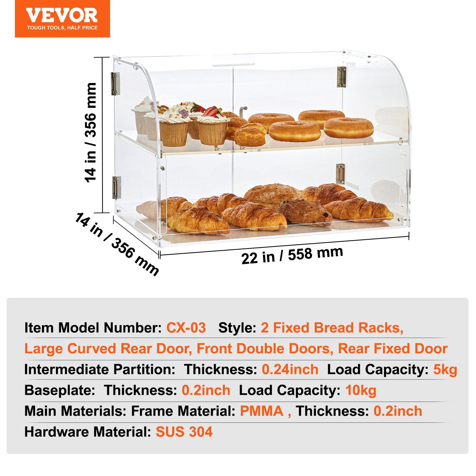 Pastry Display Case, 2-Tier Commercial Countertop Bakery Display Case, Acrylic Display Box with Rear Door Access & Removable Shelves, Keep Fresh for Donut Bagels Cake Cookie