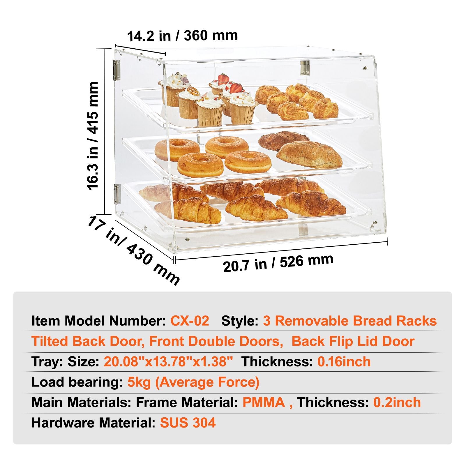 3 Tier Acrylic Pastry Display Case Bakery Countertop Food Display Box