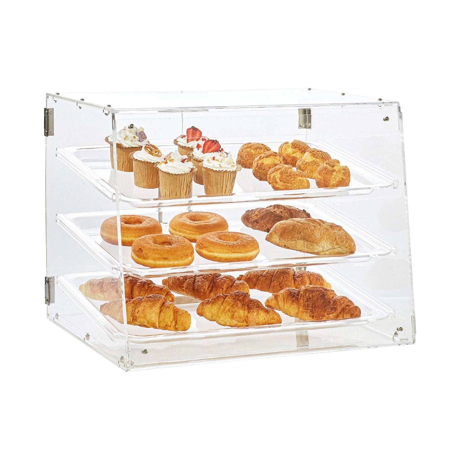 Pastry Display Case, 3-Tier Commercial Countertop Bakery Display Case, Acrylic Display Box with Rear Door Access & Removable Shelves, Keep Fresh for Donut Bagels Cake Cookie