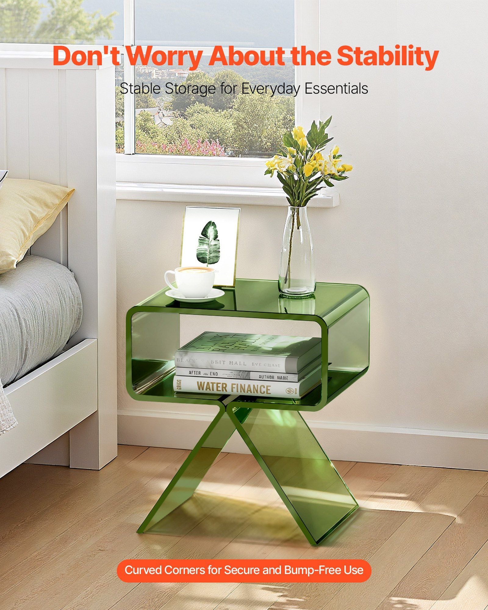 Acrylic Nightstand Side Table, Modern Clear Bedside Table with Storage Shelf, Transparent Small End Desk for Living Room, Bedroom, Home Decor, No Assembly Needed, 30 x 39.1 x 43 cm (Green)