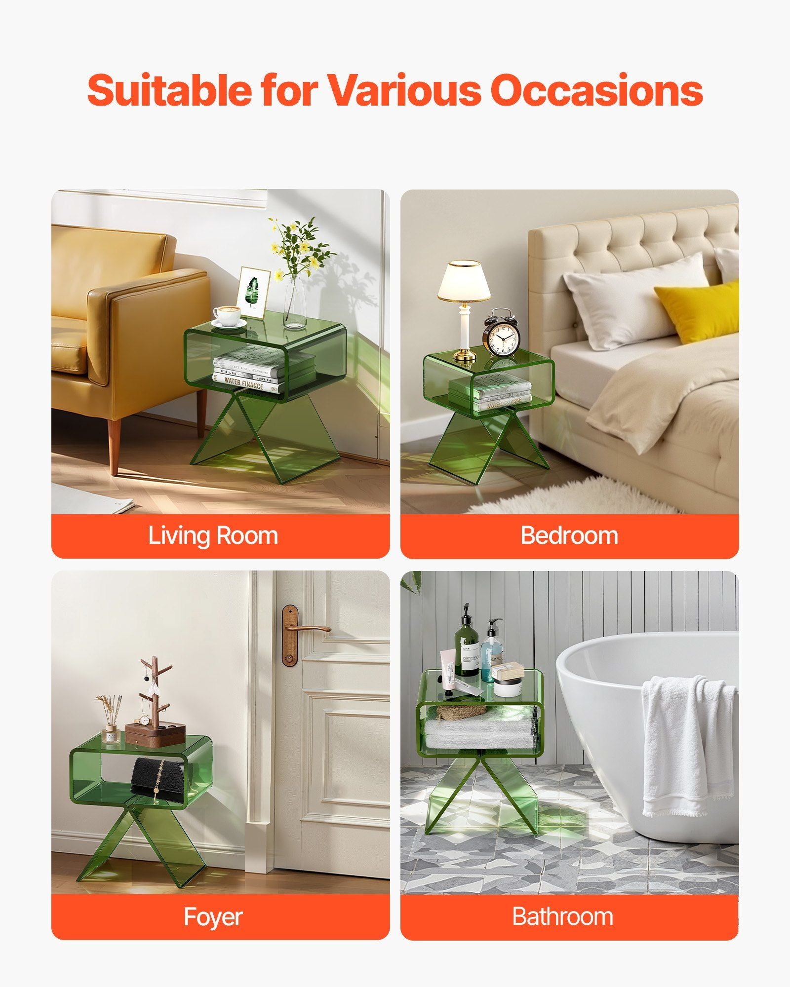 Acrylic Nightstand Side Table, Modern Clear Bedside Table with Storage Shelf, Transparent Small End Desk for Living Room, Bedroom, Home Decor, No Assembly Needed, 30 x 39.1 x 43 cm (Green)