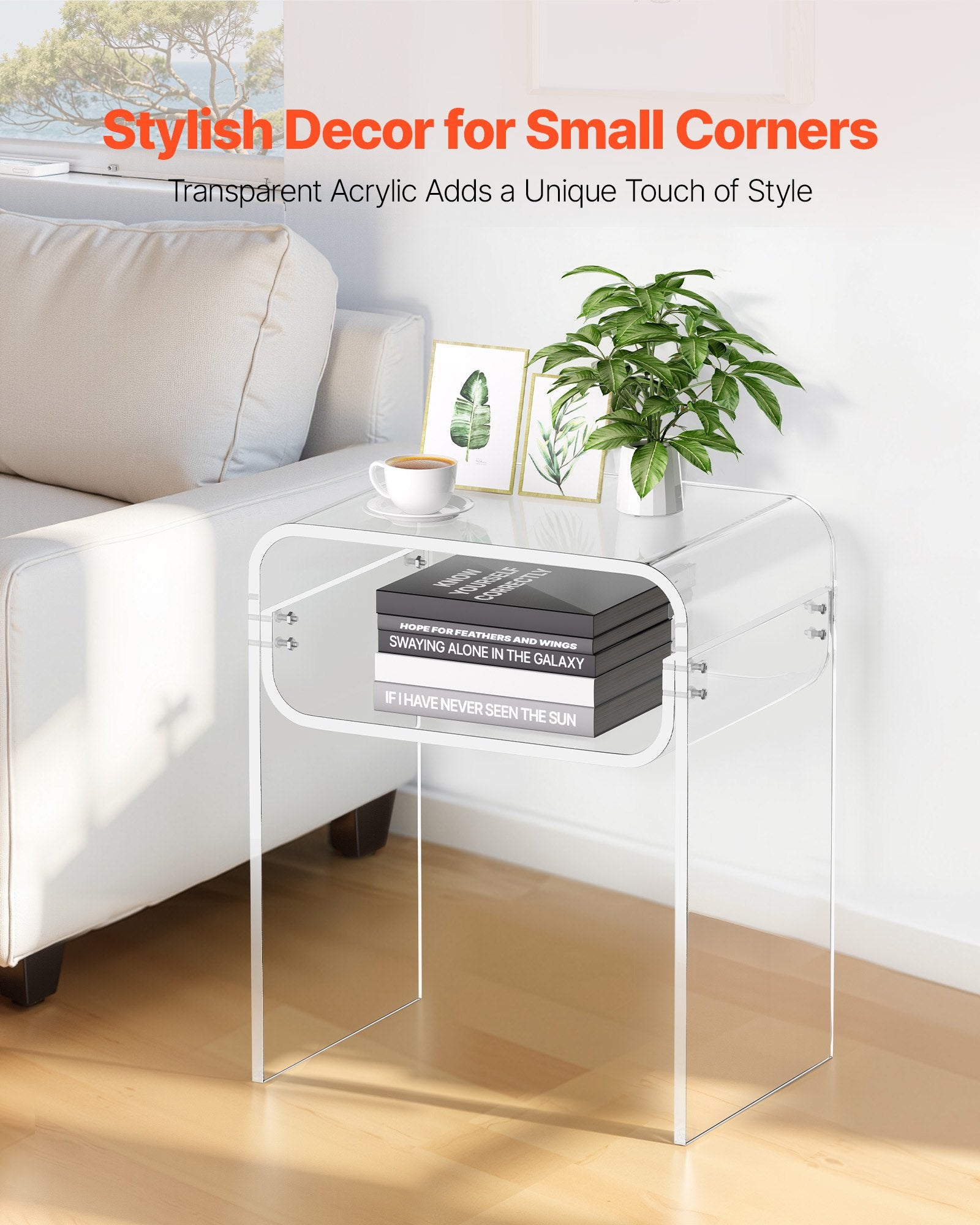 Acrylic Side Table, 2 Tiers Clear Bedside Table with Storage Shelf, Modern Rectangle Acrylic End Desk, Transparent Thick Nightstand for Bedroom, Living Room, Study, 30 x 40 x 50 cm (Clear)