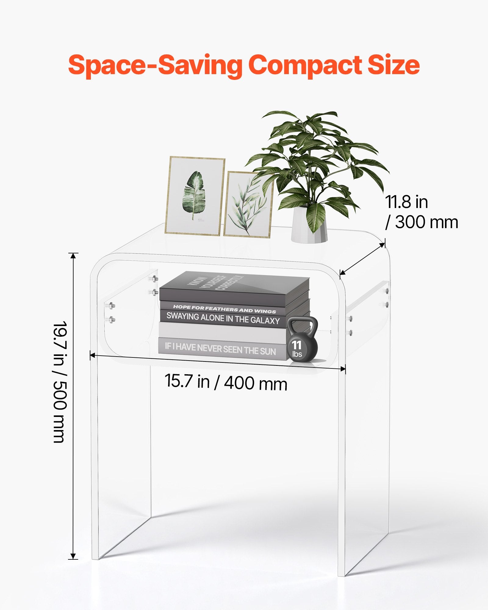 Acrylic Side Table, 2 Tiers Clear Bedside Table with Storage Shelf, Modern Rectangle Acrylic End Desk, Transparent Thick Nightstand for Bedroom, Living Room, Study, 30 x 40 x 50 cm (Clear)