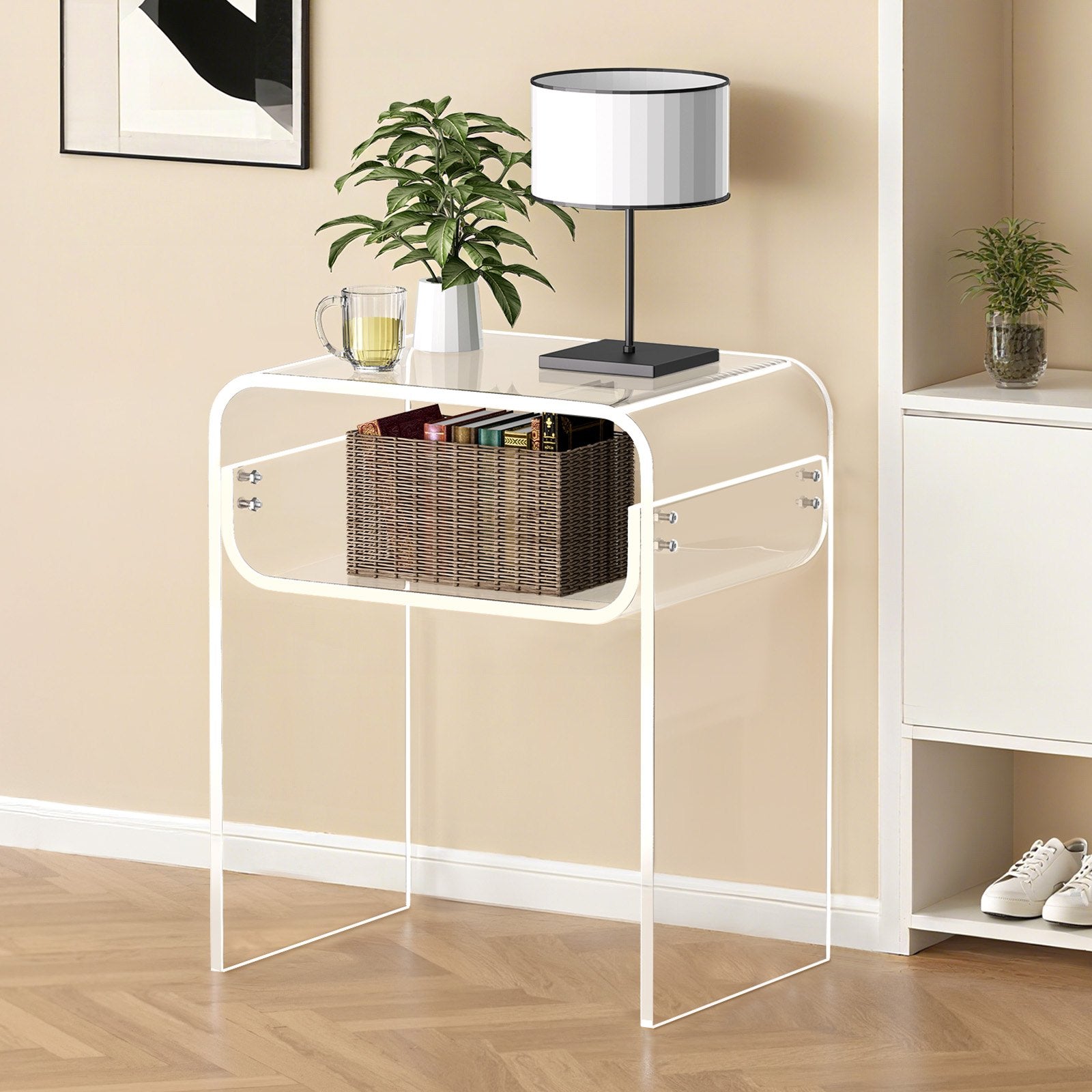 Acrylic Side Table, 2 Tiers Clear Bedside Table with Storage Shelf, Modern Rectangle Acrylic End Desk, Transparent Thick Nightstand for Bedroom, Living Room, Study, 30 x 40 x 50 cm (Clear)