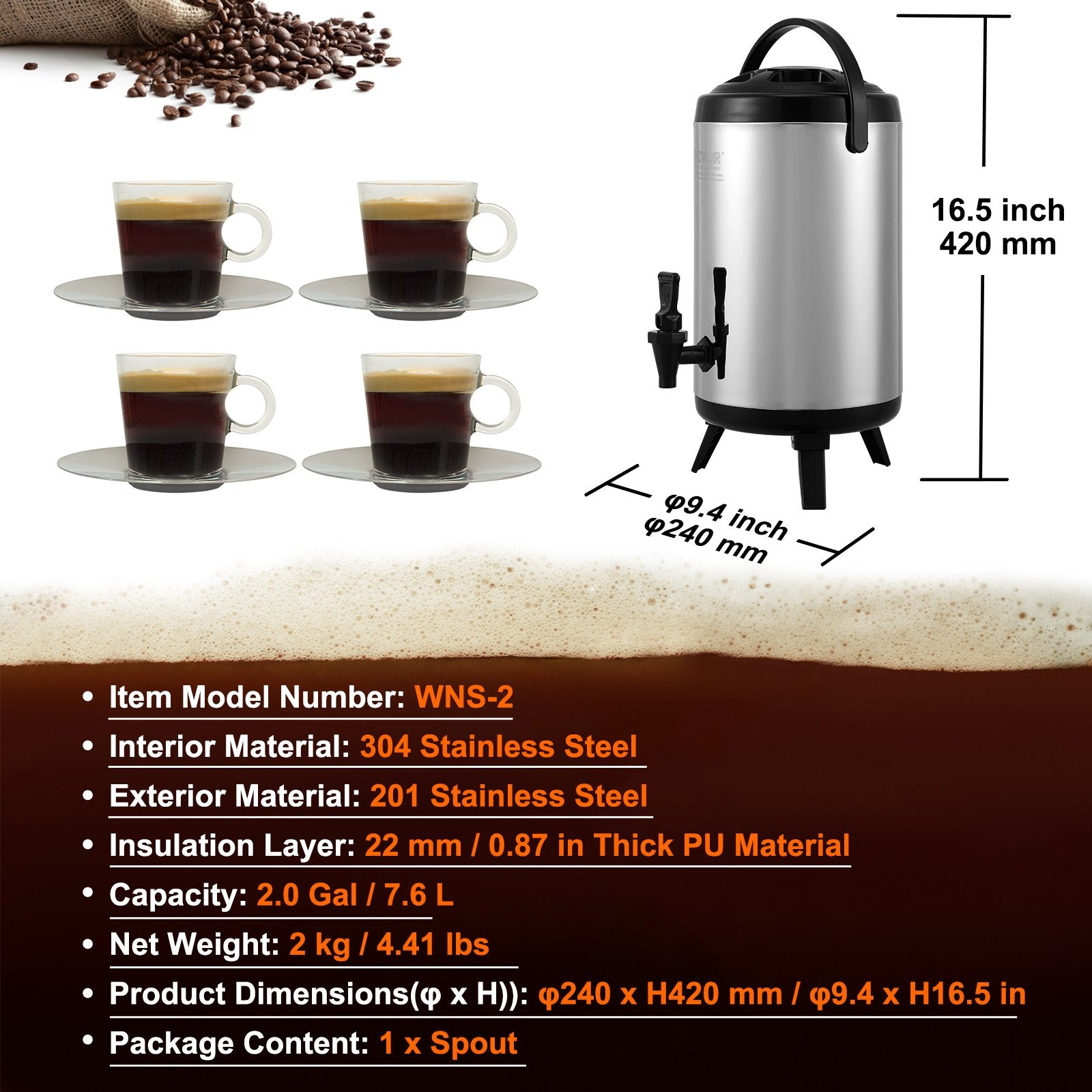 Stainless Steel Insulated Beverage Dispenser, 7.6 Liter, Thermal Hot and Cold Drink Server Dispenser with Spigot Handle, Food-grade for Hot Tea Coffee Water Restaurant Drink Shop